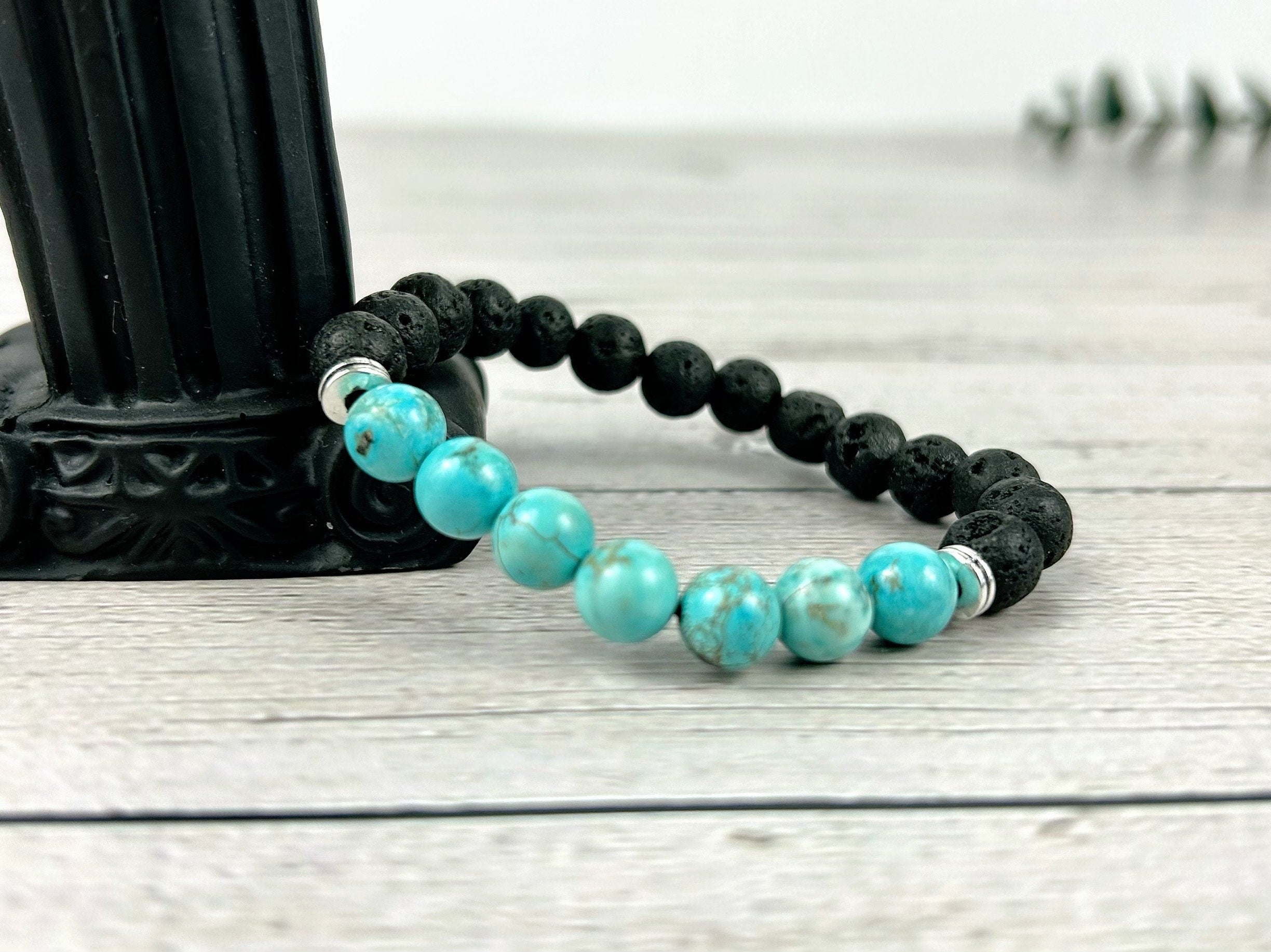 Essential Oil Bracelet, Diffuser Bracelet, Aromatherapy Bracelet, Turquoise Bracelet, Stretch Bracelet, Handmade Bracelet, Black Lava Rock