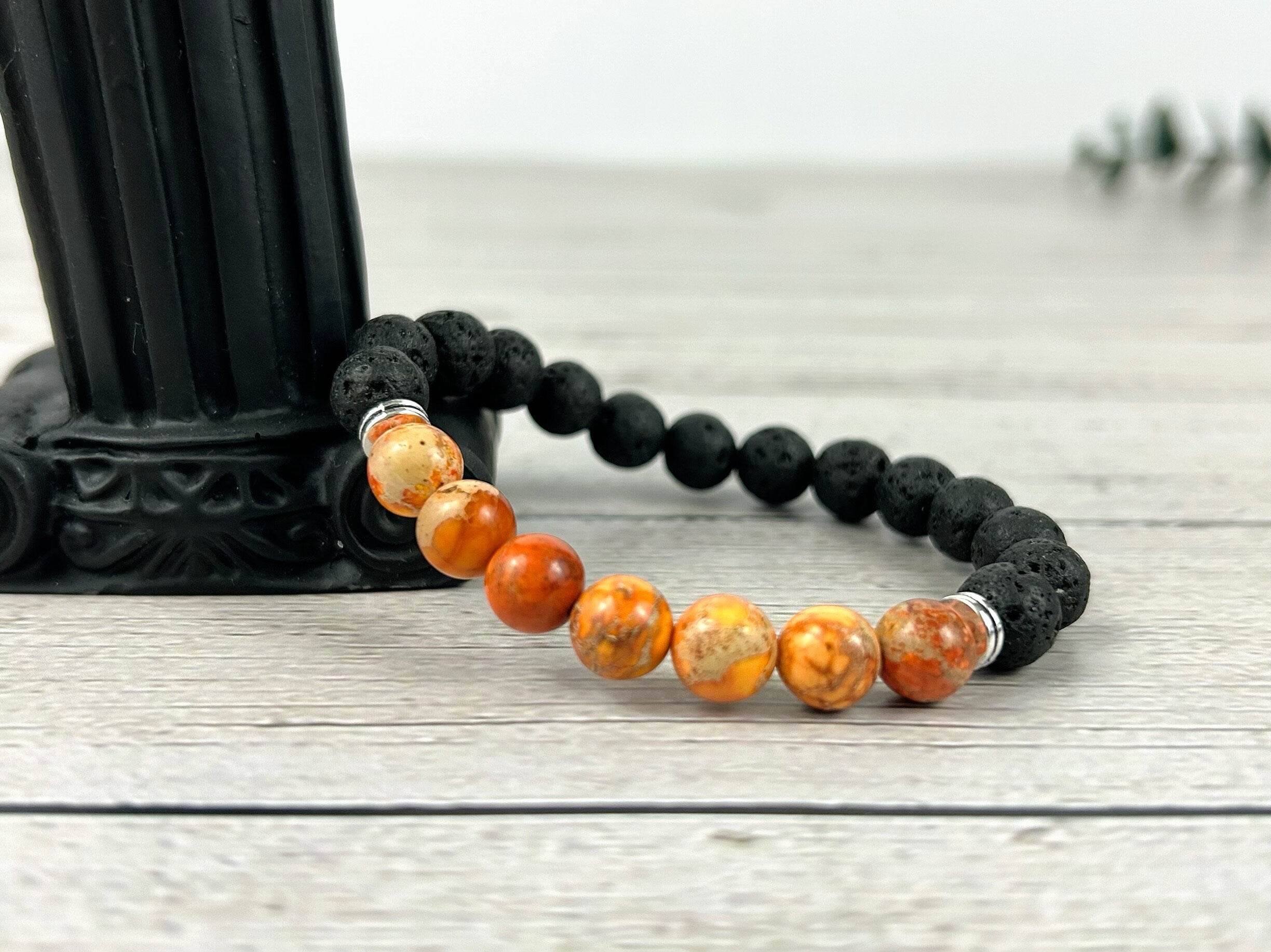 Jasper Bracelet, Essential Oil Bracelet, Diffuser Bracelet, Aromatherapy Bracelet, Orange Imperial Jasper, Stretch Bracelet, Black Lava Rock