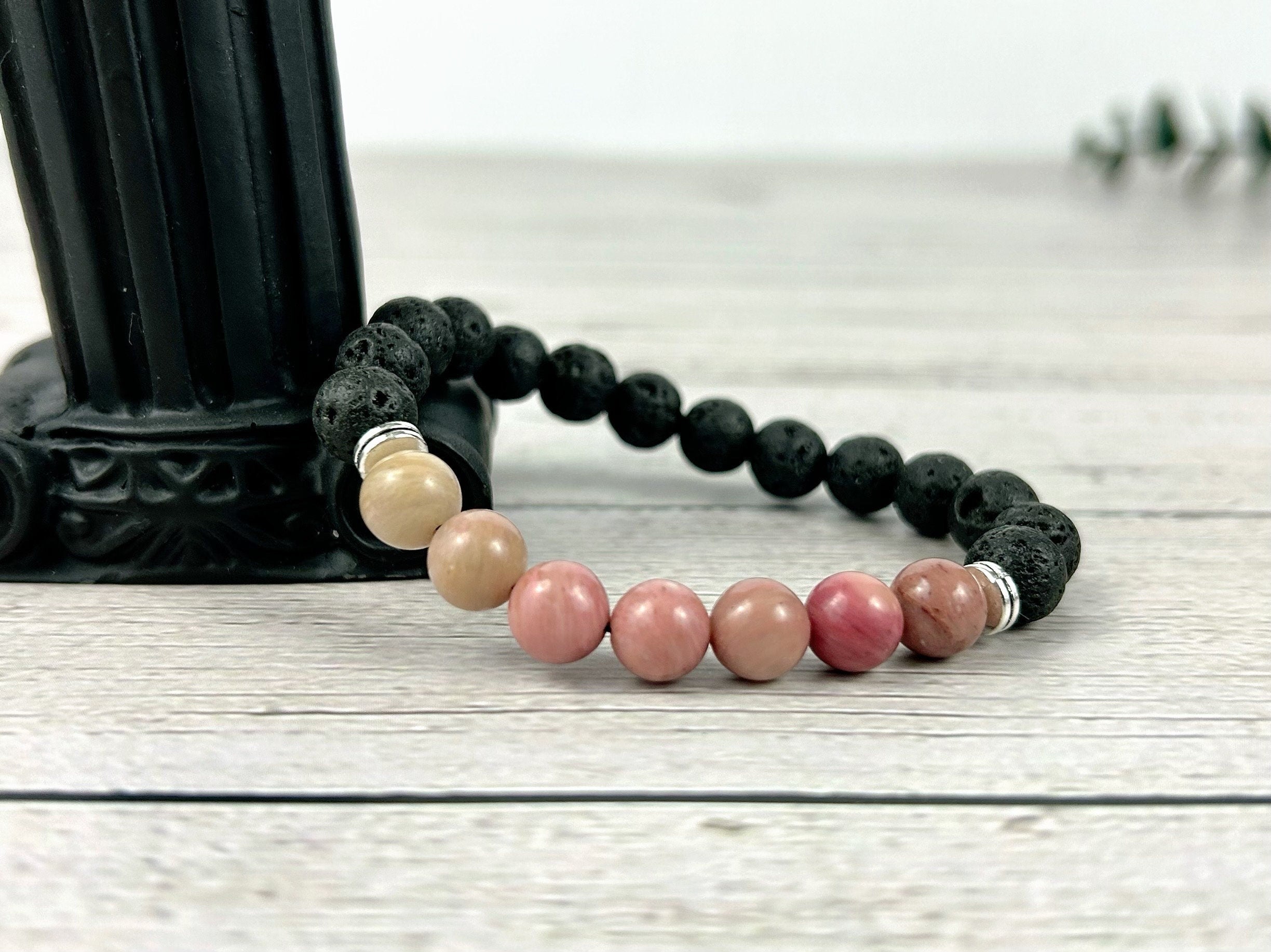 Rhodochrosite Bracelet, Essential Oil Bracelet, Diffuser Bracelet, Aromatherapy Bracelet, Stretch Bracelet, Black Lava Rock, Pink Beaded