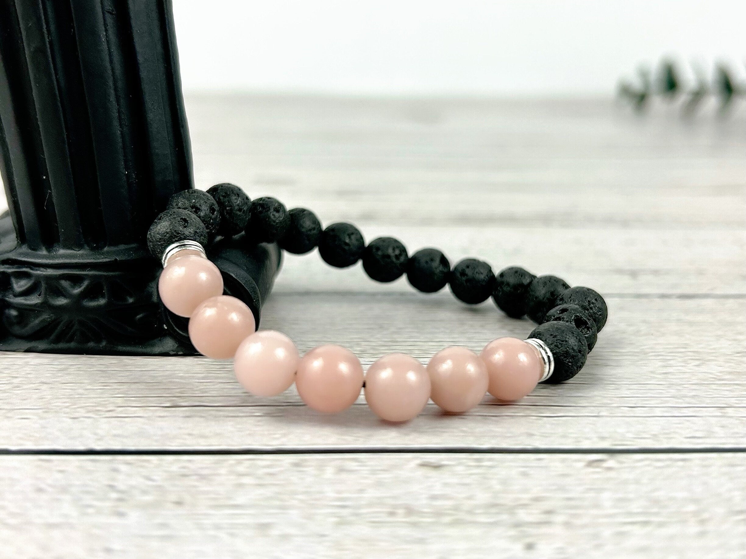 Pink Opal Bracelet, Essential Oil Bracelet, Diffuser Bracelet, Aromatherapy Bracelet, Stretch Bracelet, Black Lava Rock, Yoga Bracelet