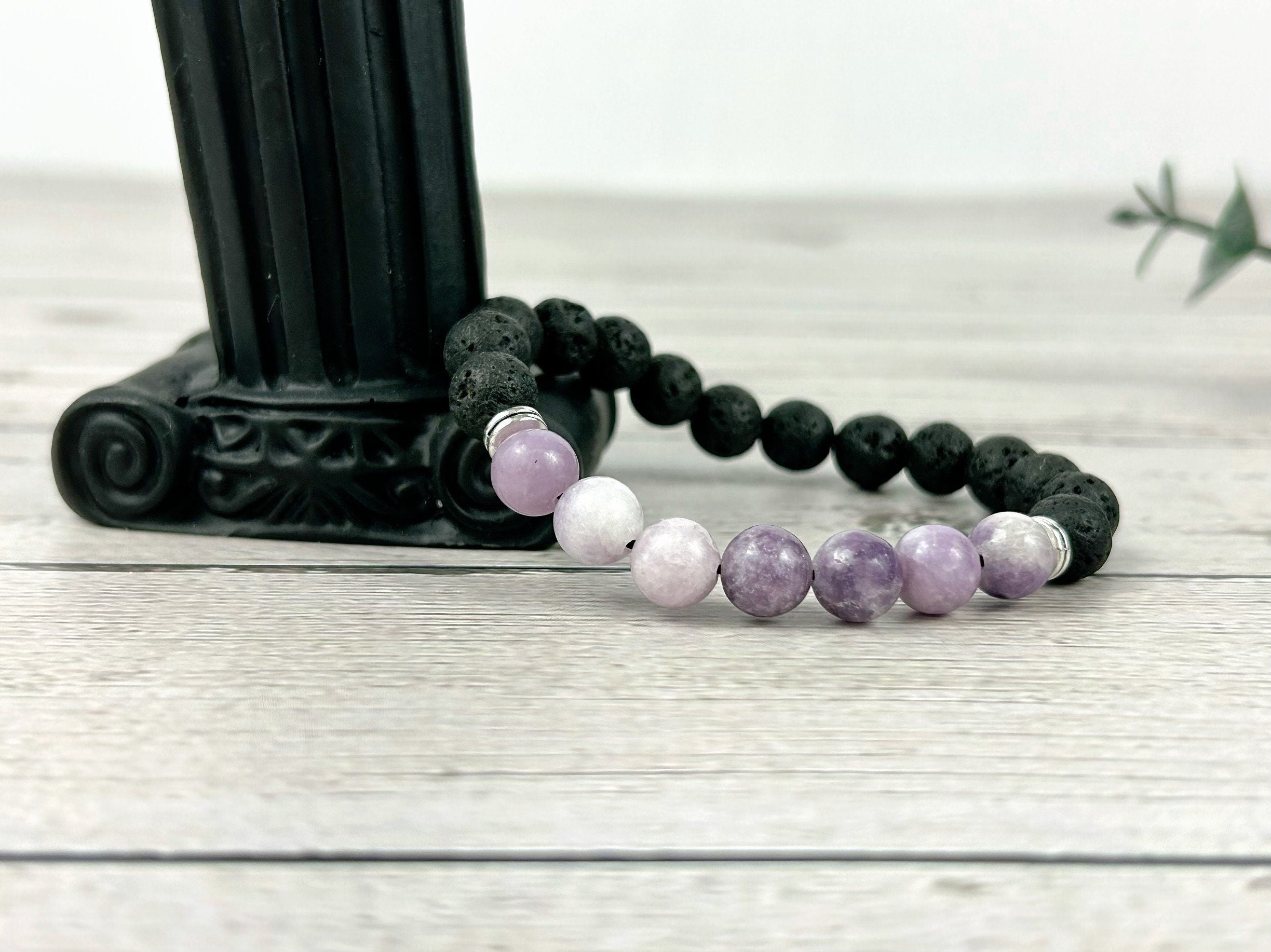 Purple Beaded Bracelet, Essential Oil Bracelet, Diffuser Bracelet, Lepidolite Bracelet, Aromatherapy Bracelet, Stretch Bracelet, Black Lava