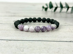 Purple Beaded Bracelet, Essential Oil Bracelet, Diffuser Bracelet, Lepidolite Bracelet, Aromatherapy Bracelet, Stretch Bracelet, Black Lava