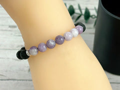 Purple Beaded Bracelet, Essential Oil Bracelet, Diffuser Bracelet, Lepidolite Bracelet, Aromatherapy Bracelet, Stretch Bracelet, Black Lava