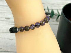 Purple Beaded Bracelet, Essential Oil Bracelet, Diffuser Bracelet, Aromatherapy Bracelet, Stretch Bracelet, Black Lava, Reiki Bracelet