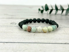 Amazonite Bracelet, Essential Oil Bracelet, Diffuser Bracelet, Aromatherapy Bracelet, Stretch Bracelet, Black Lava, Reiki Bracelet