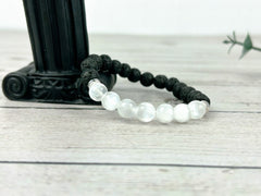 Selenite Bracelet, Essential Oil Bracelet, Diffuser Bracelet, Aromatherapy Bracelet, Stretch Bracelet, Black Lava, Handmade Reiki Bracelet