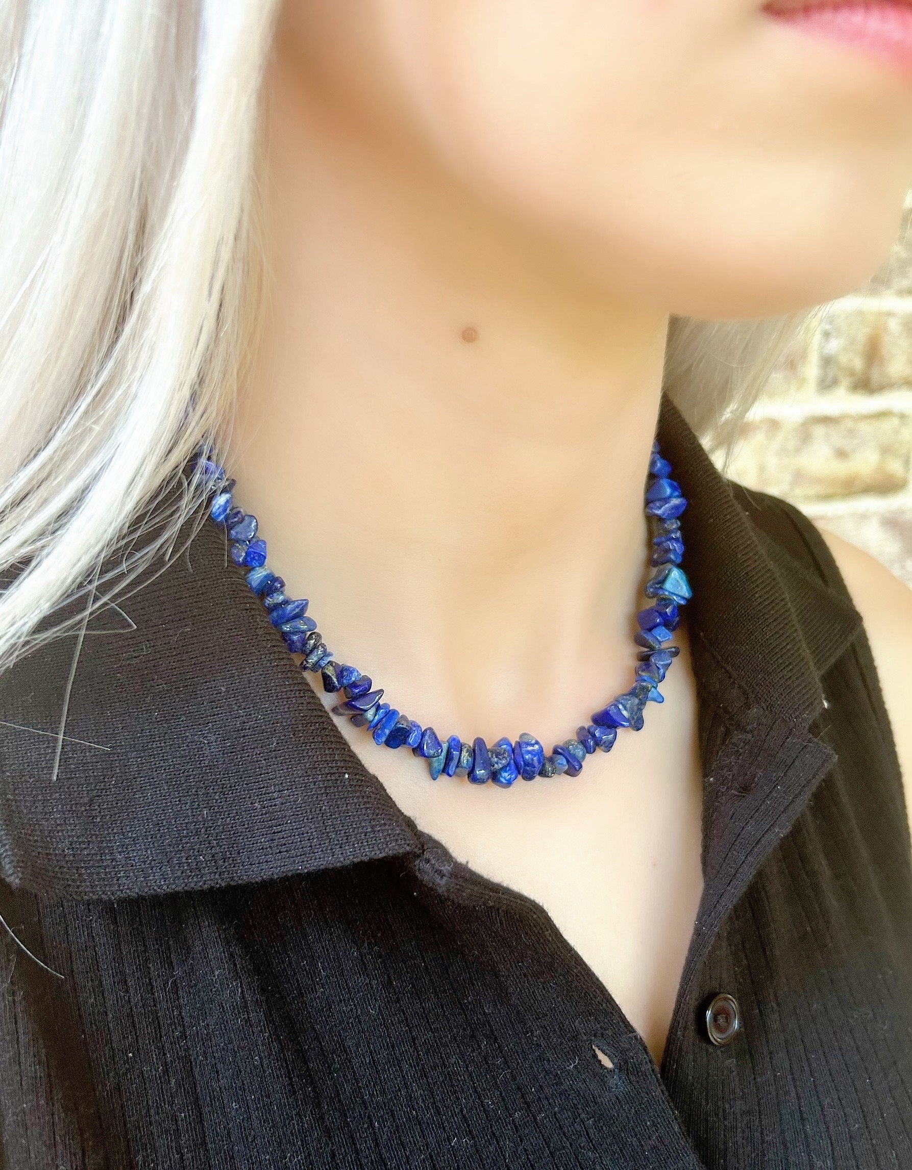 Lapis Lazuli Necklace, Blue Beaded Choker, Lapis Lazuli Choker Necklace, Gemstone Chip Necklace, Boho Necklace, Handmade Jewelry, Gift