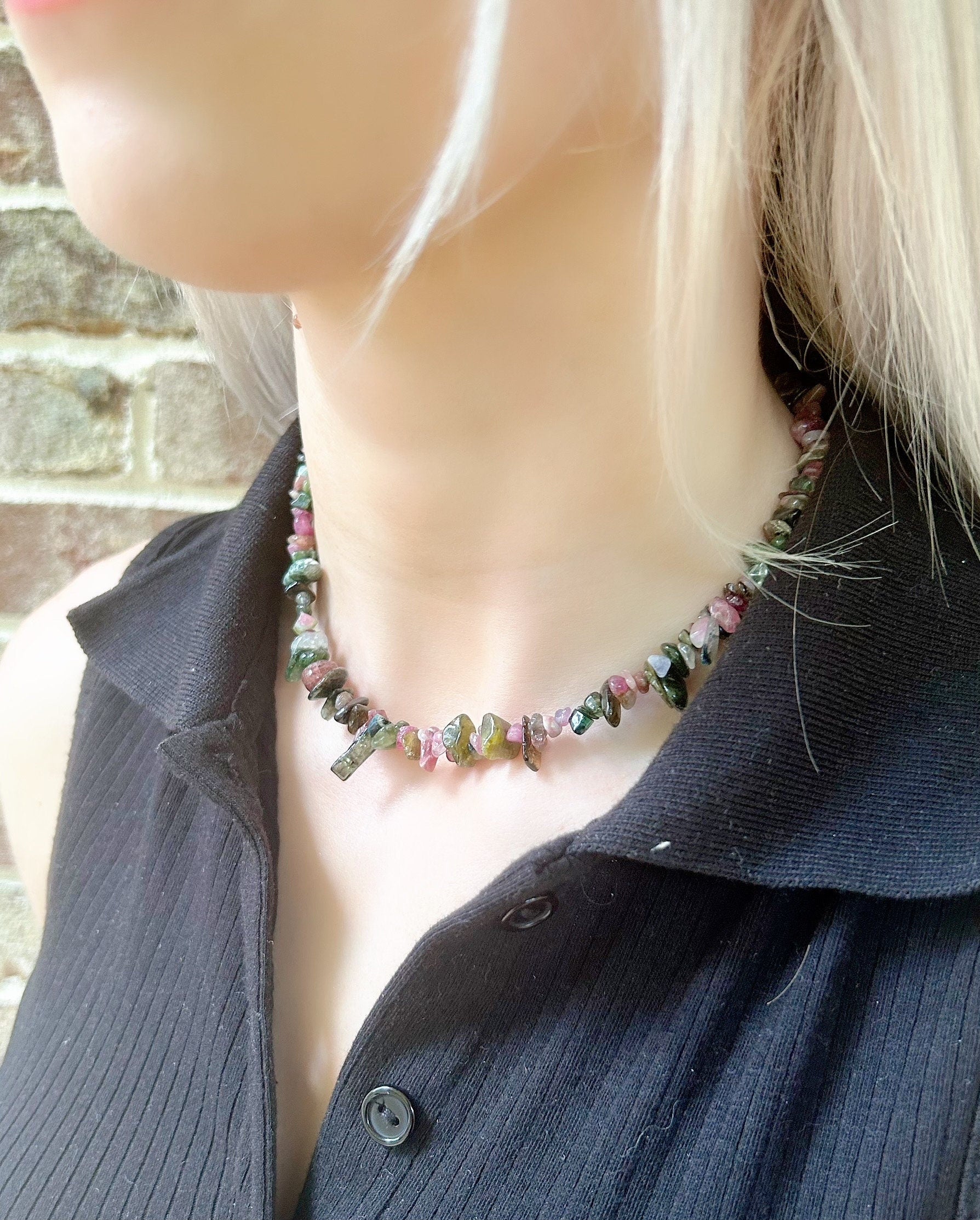 Tourmaline Necklace, Beaded Choker, Tourmaline Choker Necklace, Gemstone Chip Necklace, Boho Necklace, Handmade Jewelry, Feminine Jewelry