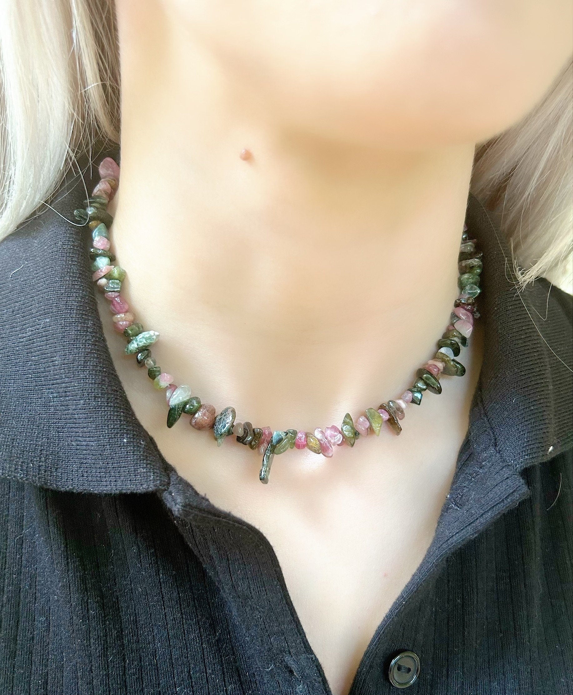 Tourmaline Necklace, Beaded Choker, Tourmaline Choker Necklace, Gemstone Chip Necklace, Boho Necklace, Handmade Jewelry, Feminine Jewelry