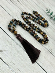 108 Mala Necklace, Tigers Eye Necklace, Japa Mala, Prayer Beads Necklace, Hand Knotted Mala, Meditation Necklace, Handmade Jewelry