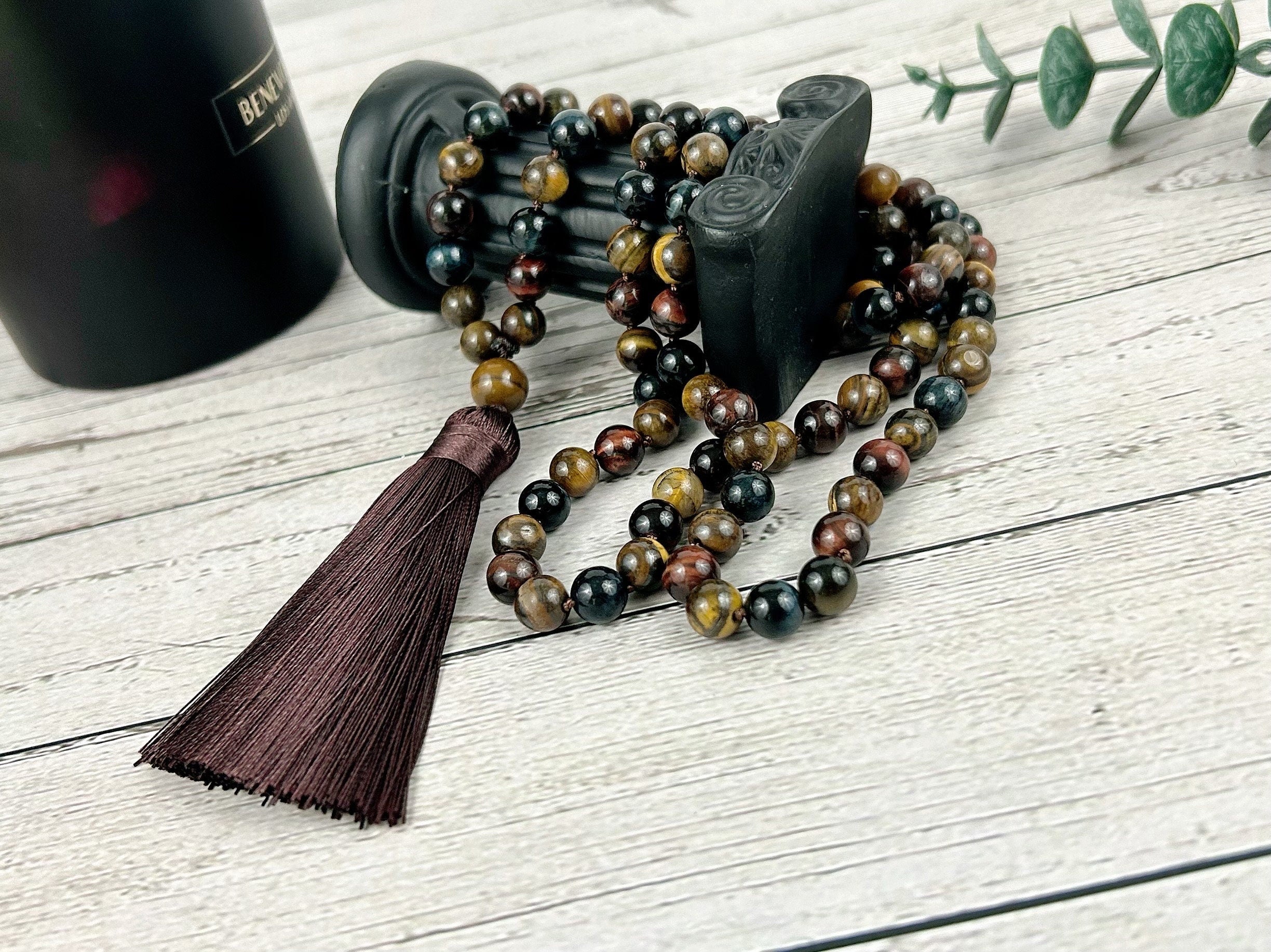 108 Mala Necklace, Tigers Eye Necklace, Japa Mala, Prayer Beads Necklace, Hand Knotted Mala, Meditation Necklace, Handmade Jewelry