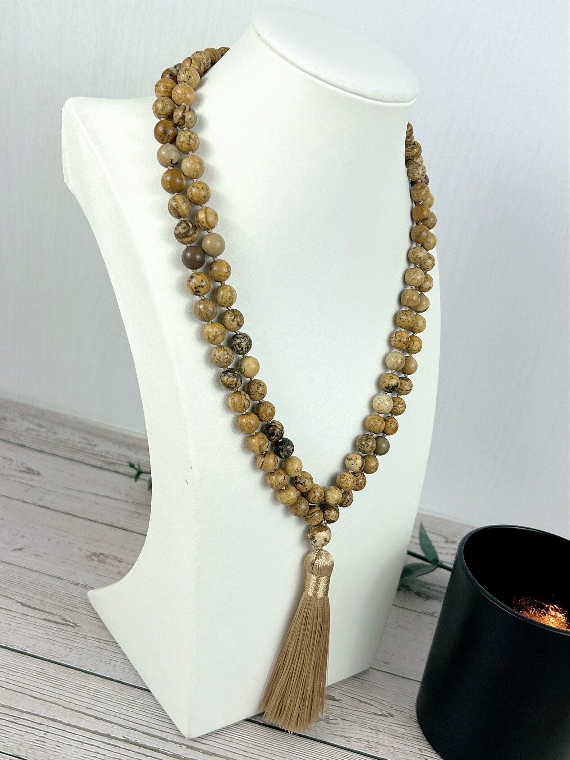 108 Mala Necklace, Picture Jasper Necklace, Japa Mala, Prayer Beads Necklace, Hand Knotted Mala, Meditation Necklace, Handmade Jewelry