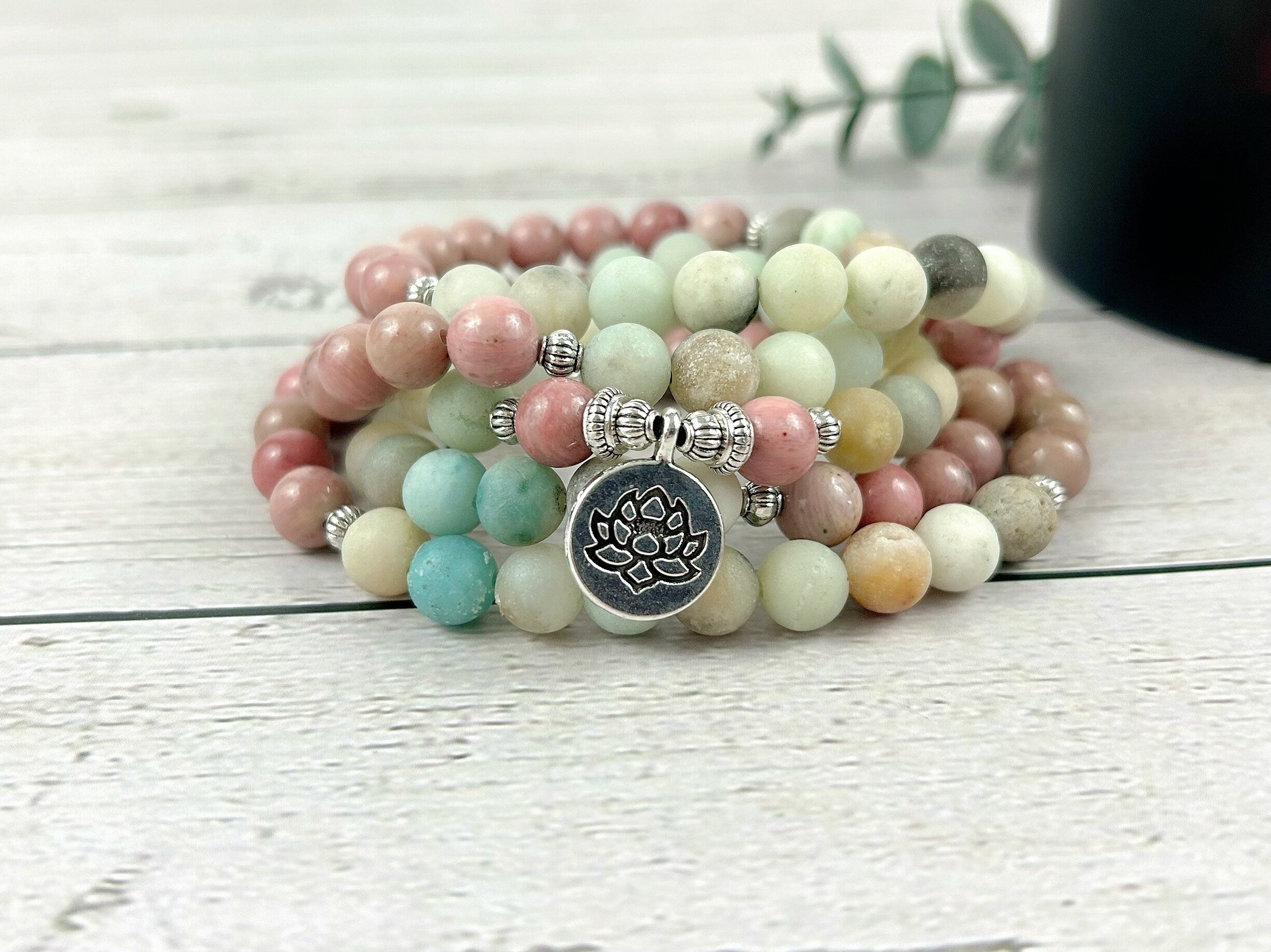 Japa Mala, 108 Mala Beads Necklace, Amazonite Necklace, Prayer Beads, 108 Mala Beads Bracelet, Meditation Necklace, Rhodochrosite Mala