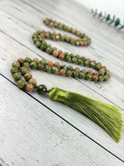 108 Mala Necklace, Unakite Necklace, Japa Mala, Prayer Beads Necklace, Yoga Jewelry,Hand Knotted Mala, Meditation Necklace, Handmade Jewelry