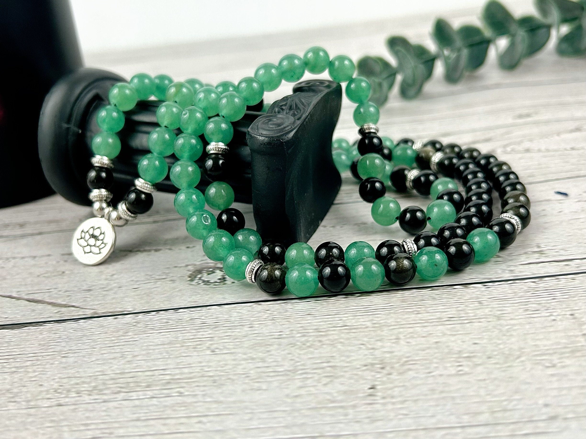 108 Mala Beads Necklace, Japa Mala, Prayer Beads Necklace, Mala Beads Bracelet, Green Aventurine Necklace, Obsidian, Meditation Necklace,