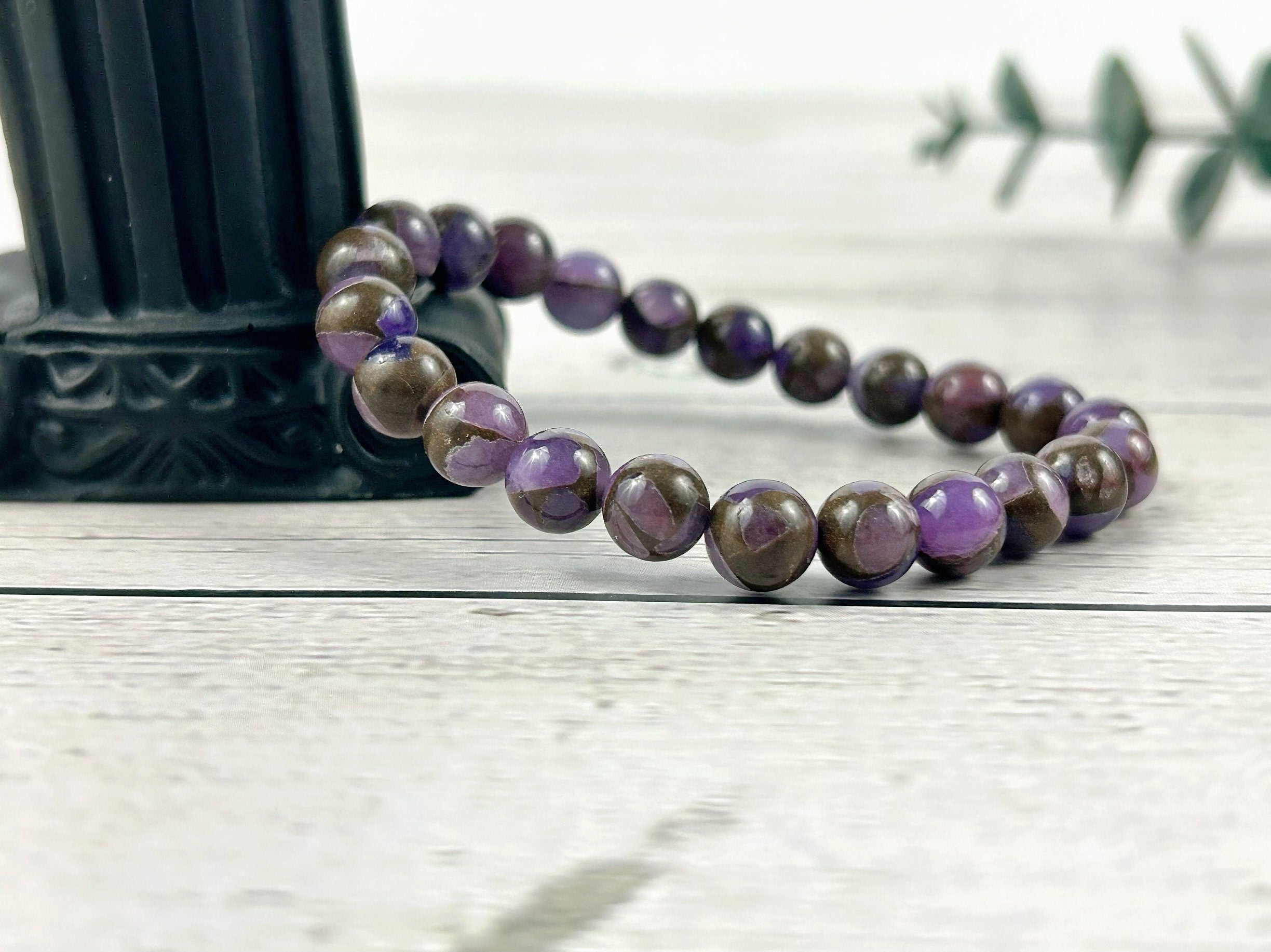 Purple Beaded Bracelet, Natural Stone Bracelet, Purple mosiac, Quartz Bracelet, Stretch Bracelet, Gemstone Bracelet for Women, Gift For Him