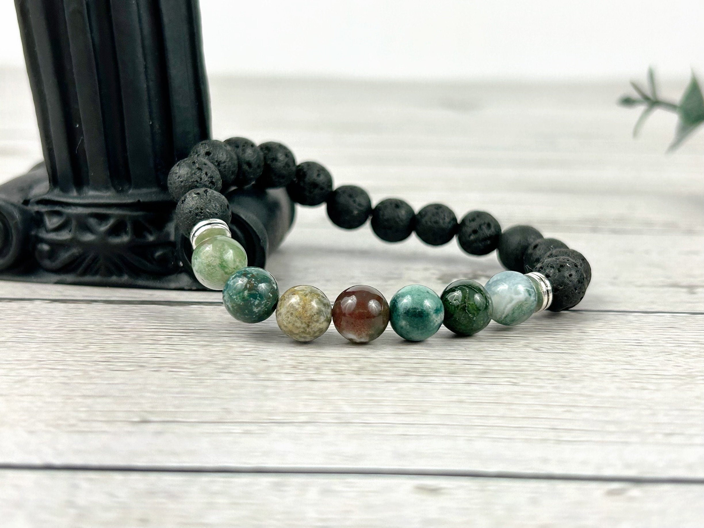 Diffuser Bracelet, Essential Oil Bracelet, Reiki Bracelet, Aromatherapy Bracelet, Tree Agate Bracelet, Boyfriend Gift, Black Lava Rock