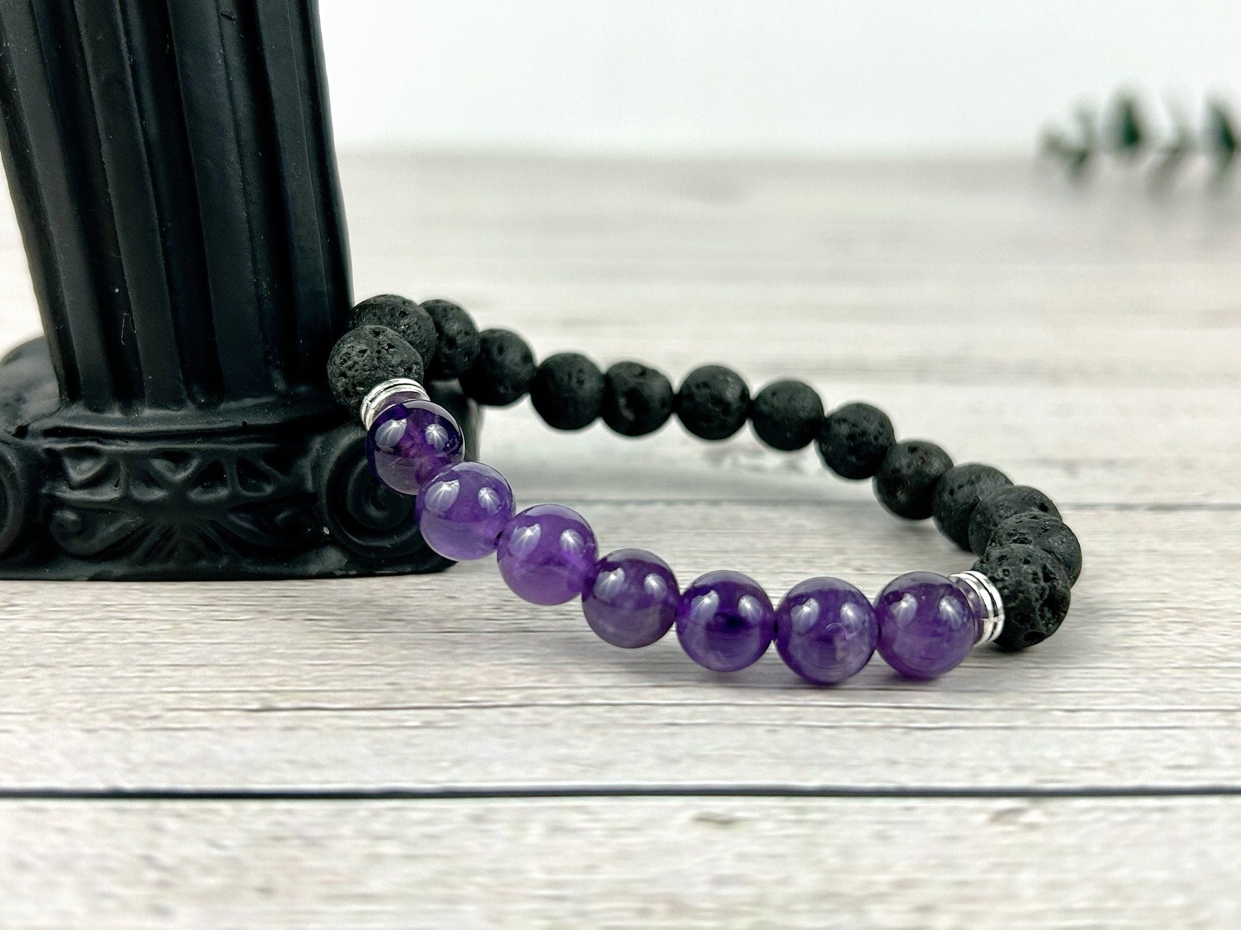 Essential Oil Bracelet, Diffuser Bracelet, Aromatherapy Bracelet, Amethyst Bracelet, Stretch Bracelet, Handmade Bracelet, Black Lava Rock