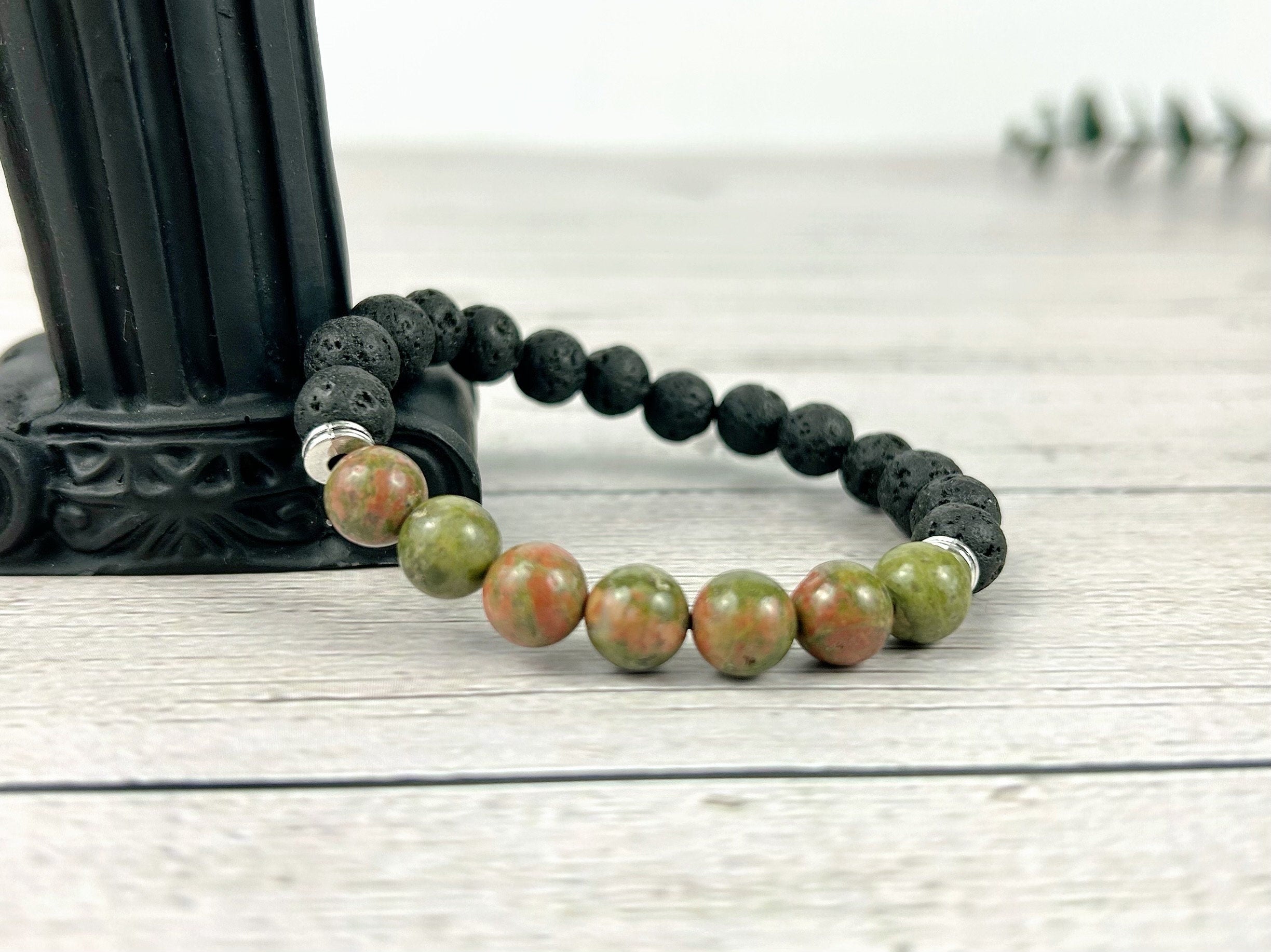 Essential Oil Bracelet, Diffuser Bracelet, Aromatherapy Bracelet, Unakite Bracelet, Stretch Bracelet, Handmade Bracelet, Black Lava Rock