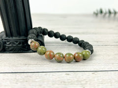 Essential Oil Bracelet, Diffuser Bracelet, Aromatherapy Bracelet, Unakite Bracelet, Stretch Bracelet, Handmade Bracelet, Black Lava Rock