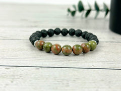 Essential Oil Bracelet, Diffuser Bracelet, Aromatherapy Bracelet, Unakite Bracelet, Stretch Bracelet, Handmade Bracelet, Black Lava Rock