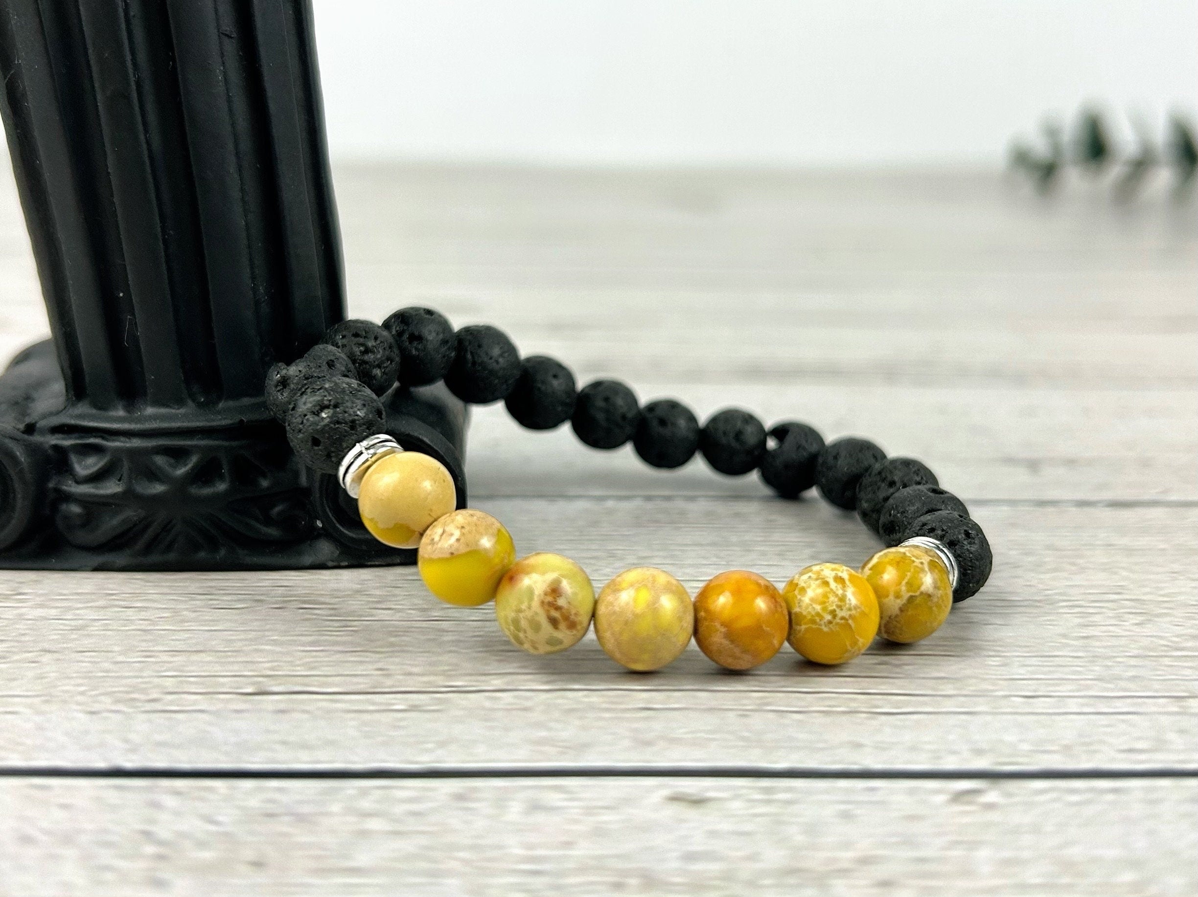 Jasper Bracelet, Essential Oil Bracelet, Diffuser Bracelet, Aromatherapy Bracelet, Yellow Imperial Jasper, Stretch Bracelet, Black Lava Rock