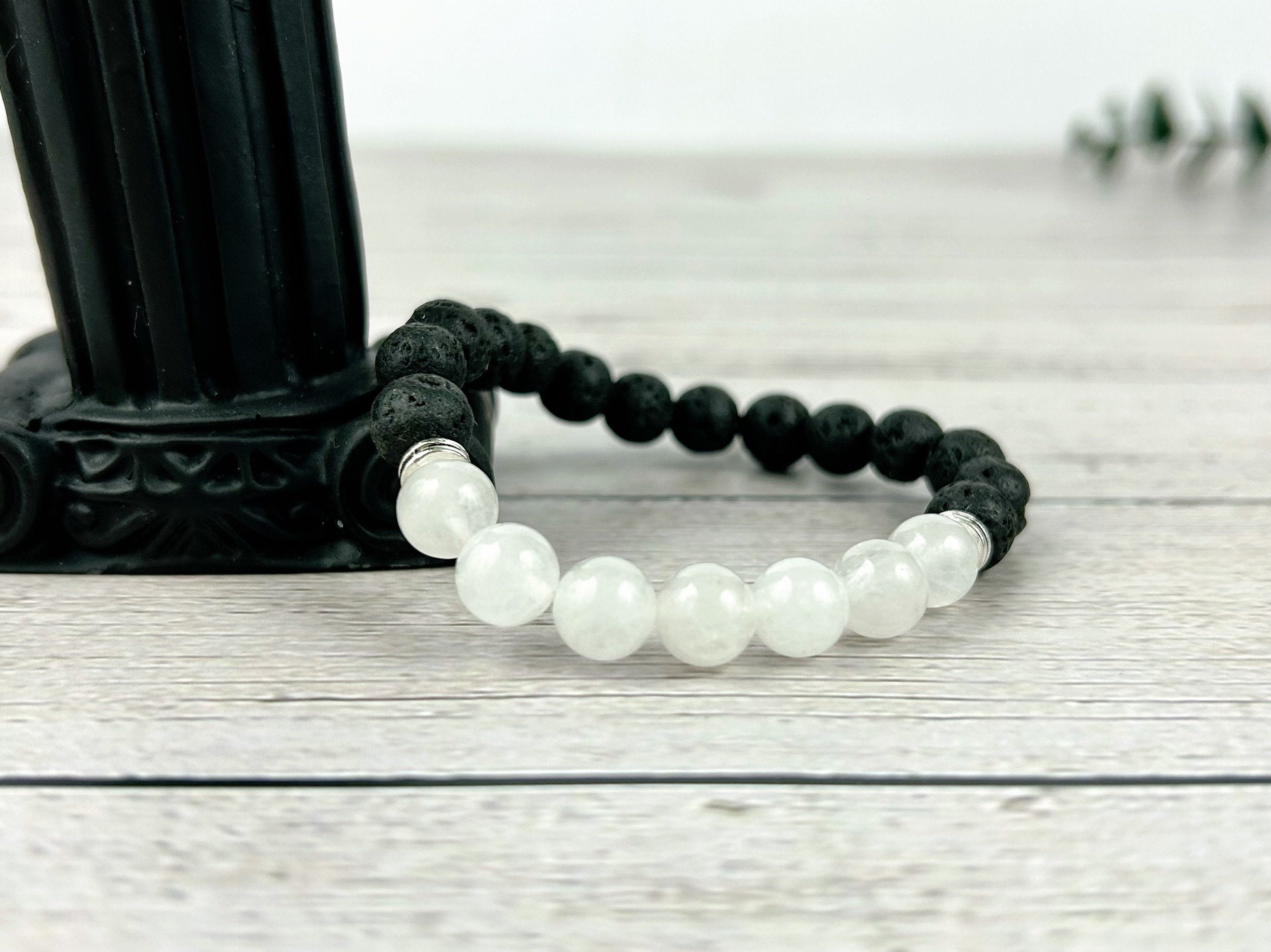 Moonstone Bracelet, Essential Oil Bracelet, Diffuser Bracelet, Aromatherapy Bracelet, Stretch Bracelet, Black Lava Rock, Yoga Bracelet