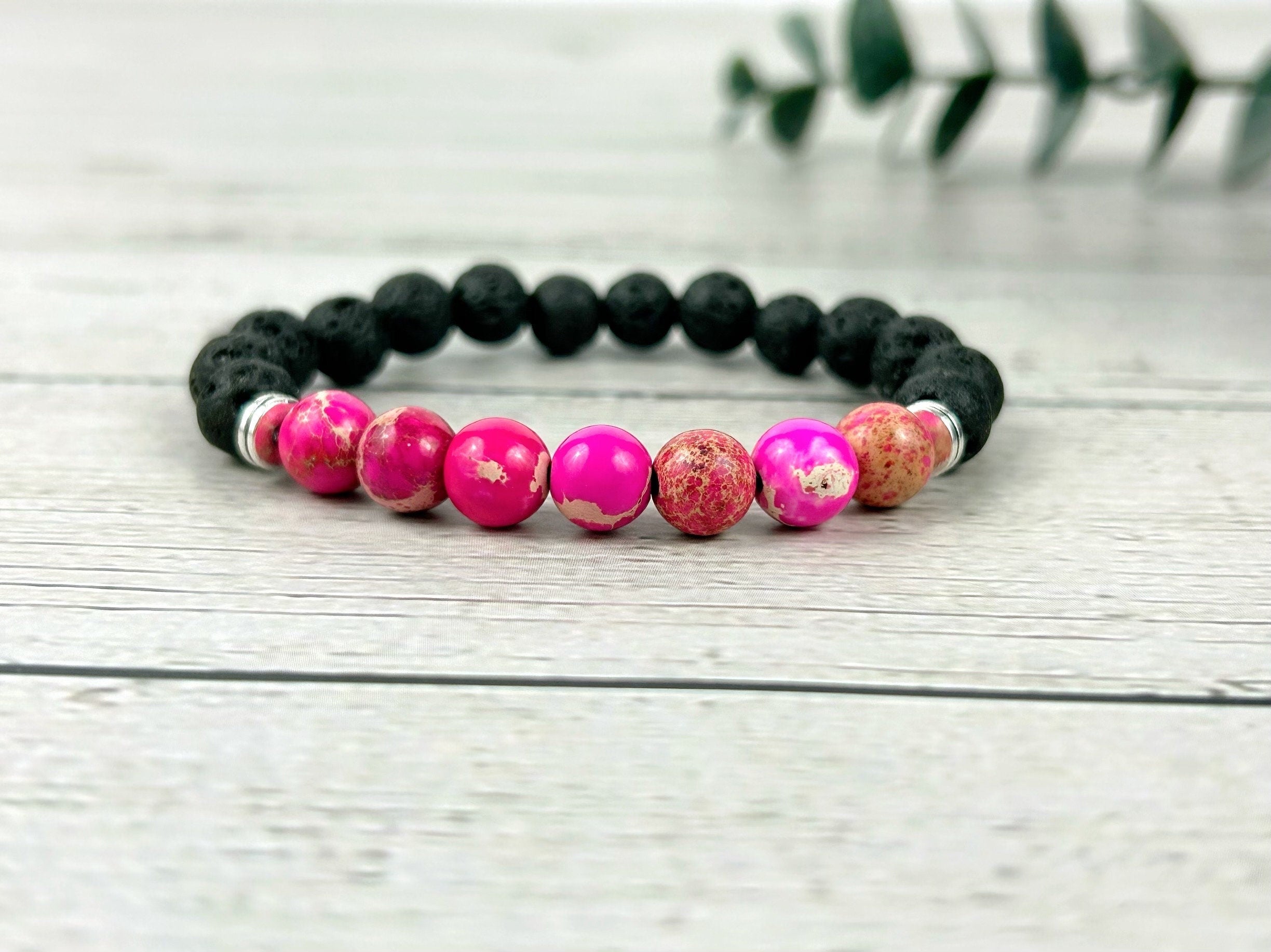 Imperial Jasper Bracelet, Essential Oil Bracelet, Diffuser Bracelet, Aromatherapy Bracelet, Stretch Bracelet, Black Lava Rock, Pink Jasper