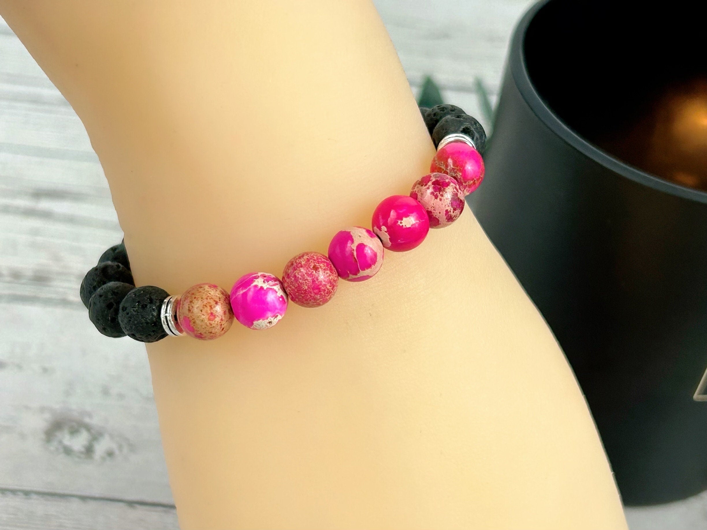 Imperial Jasper Bracelet, Essential Oil Bracelet, Diffuser Bracelet, Aromatherapy Bracelet, Stretch Bracelet, Black Lava Rock, Pink Jasper