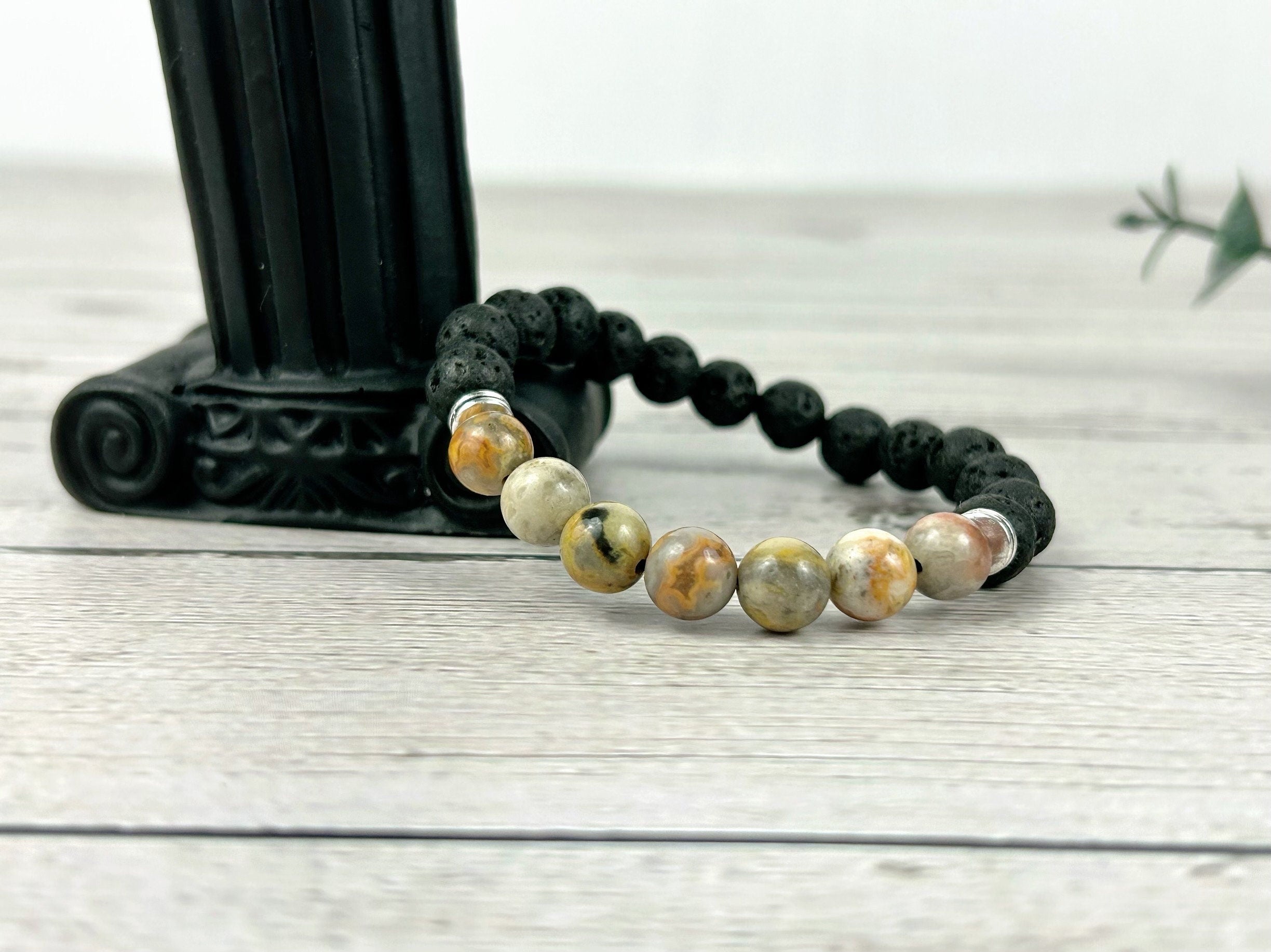 Essential Oil Bracelet, Diffuser Bracelet, Aromatherapy Bracelet, Crazy Agate Bracelet, Stretch Bracelet, Handmade Bracelet, Black Lava Rock