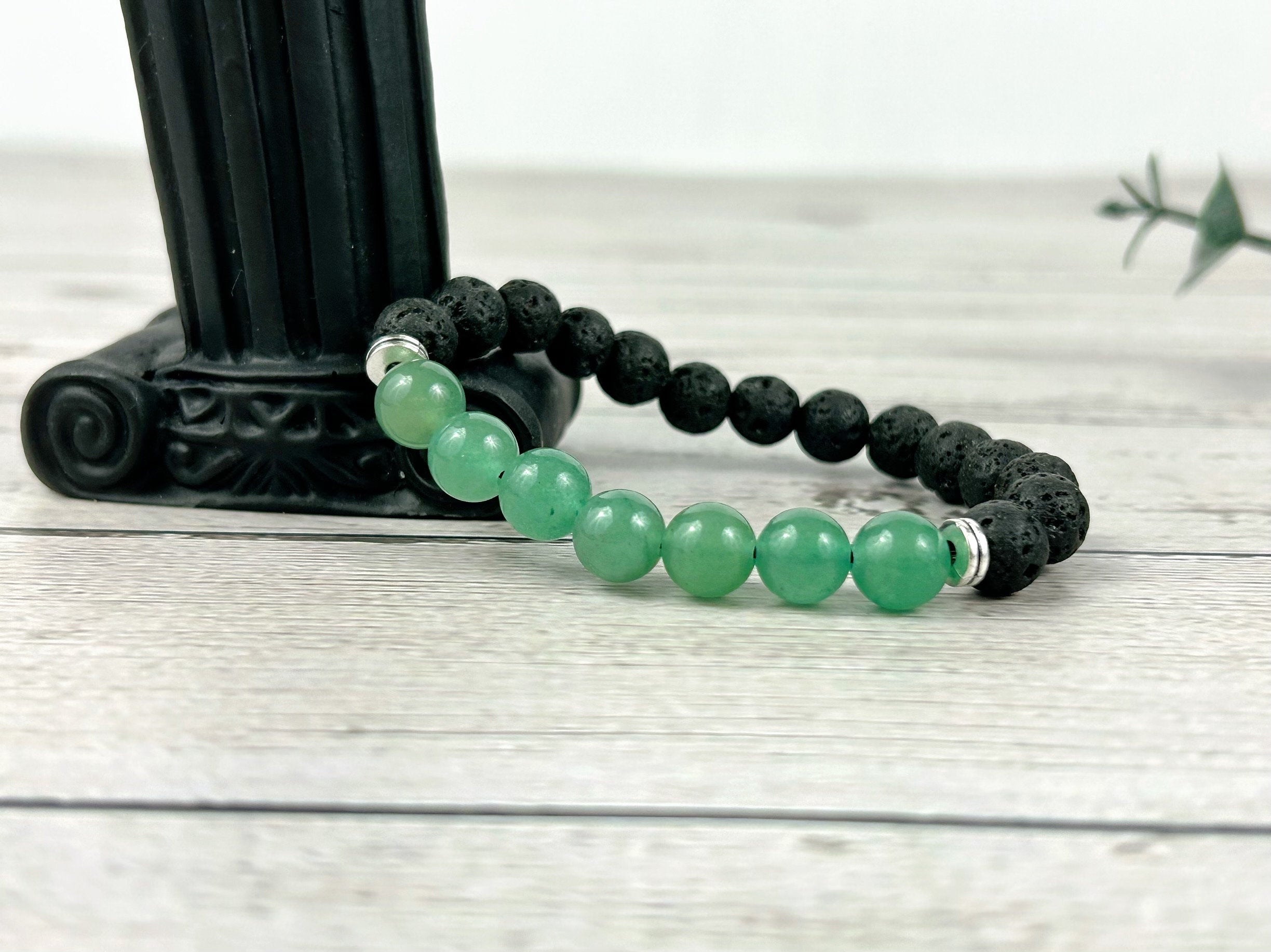 Green Aventurine Bracelet, Essential Oil Bracelet, Diffuser Bracelet, Aromatherapy Bracelet, Stretch Bracelet, Black Lava, Reiki Bracelet