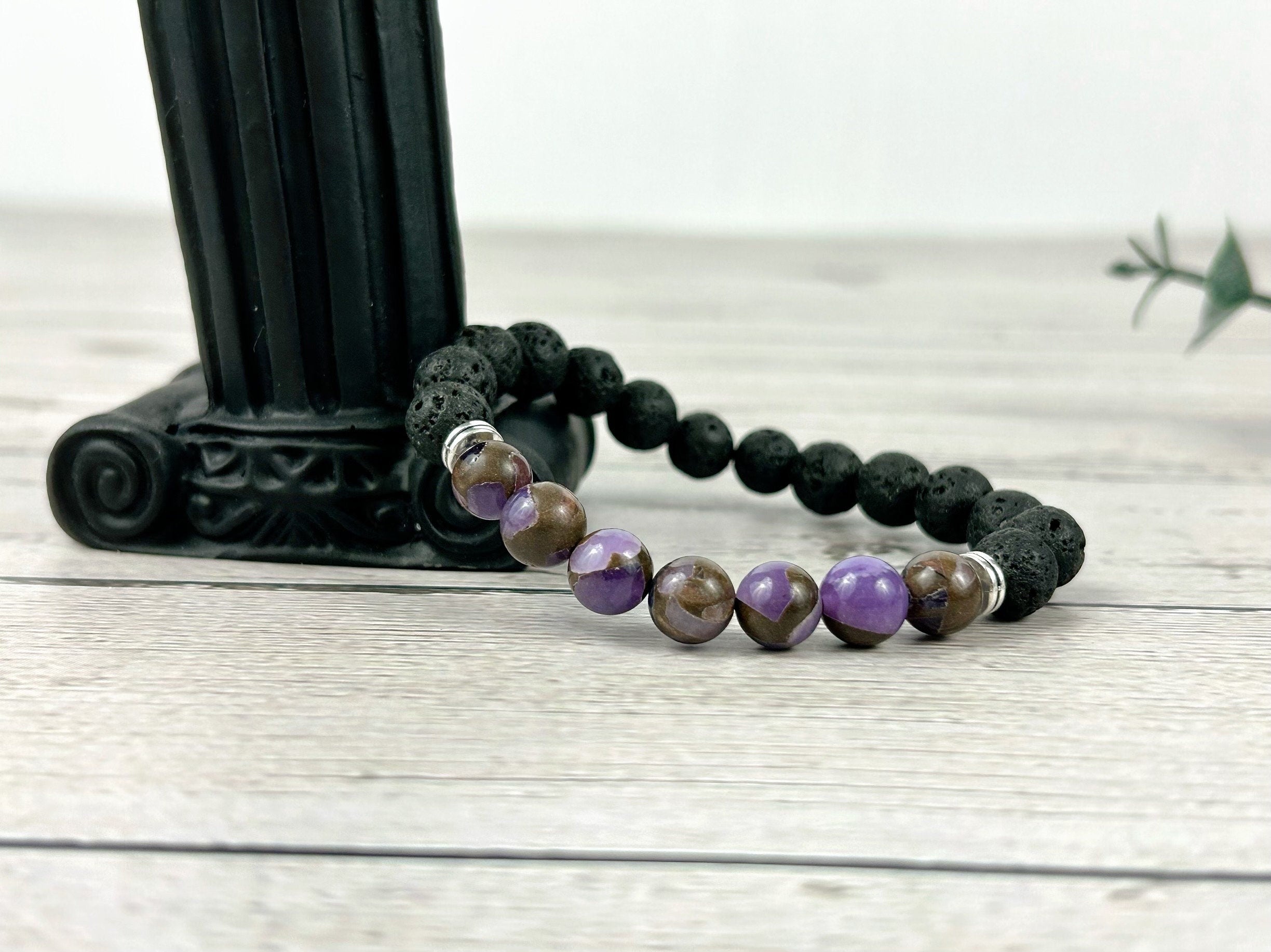 Purple Beaded Bracelet, Essential Oil Bracelet, Diffuser Bracelet, Aromatherapy Bracelet, Stretch Bracelet, Black Lava, Reiki Bracelet