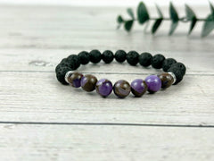 Purple Beaded Bracelet, Essential Oil Bracelet, Diffuser Bracelet, Aromatherapy Bracelet, Stretch Bracelet, Black Lava, Reiki Bracelet