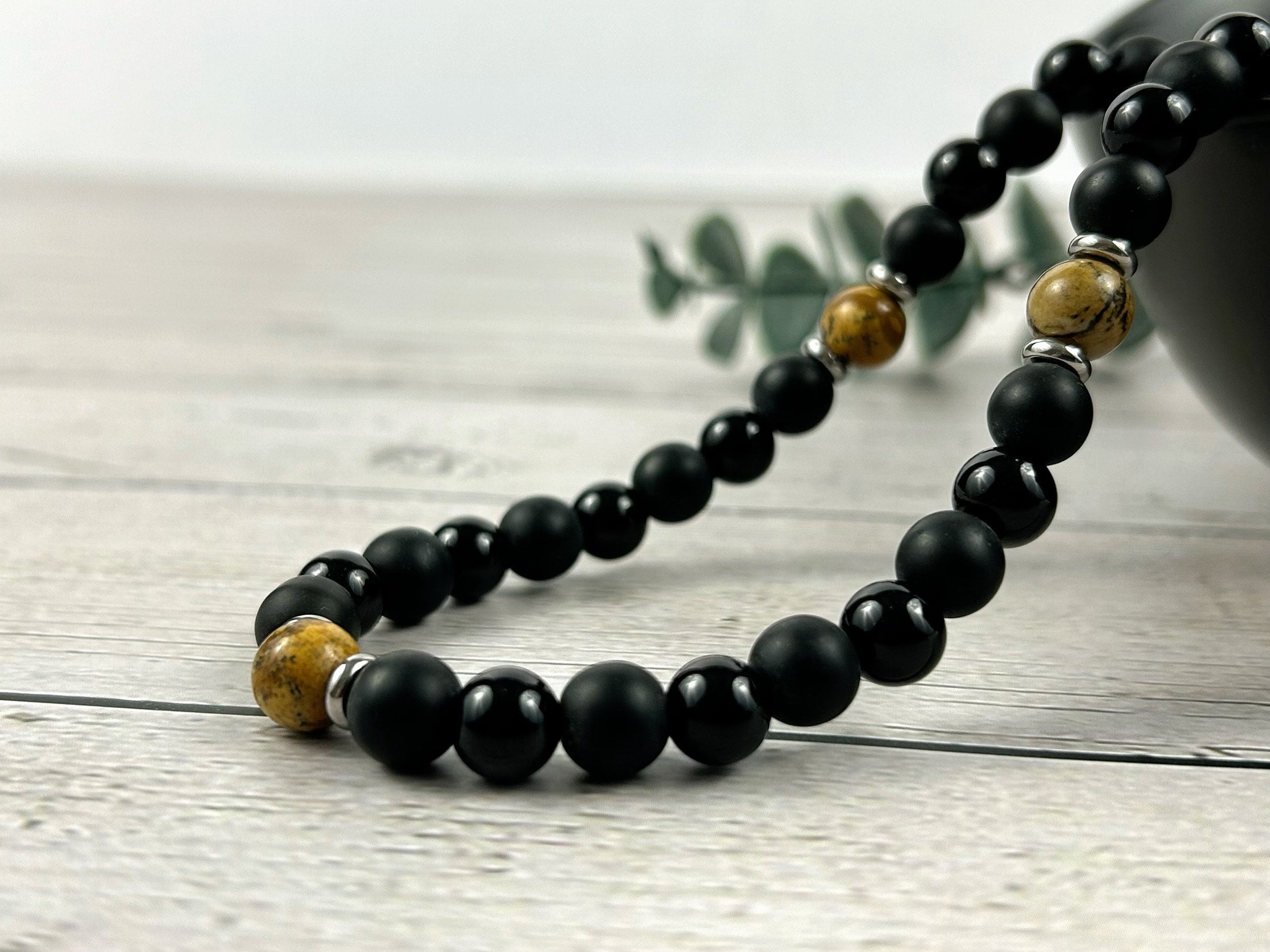 Black Beaded Necklace, Black Onyx Necklace, Picture Jasper Stone Necklace for Men, Boyfriend Gift, Protection Necklace, Gemstone Necklace