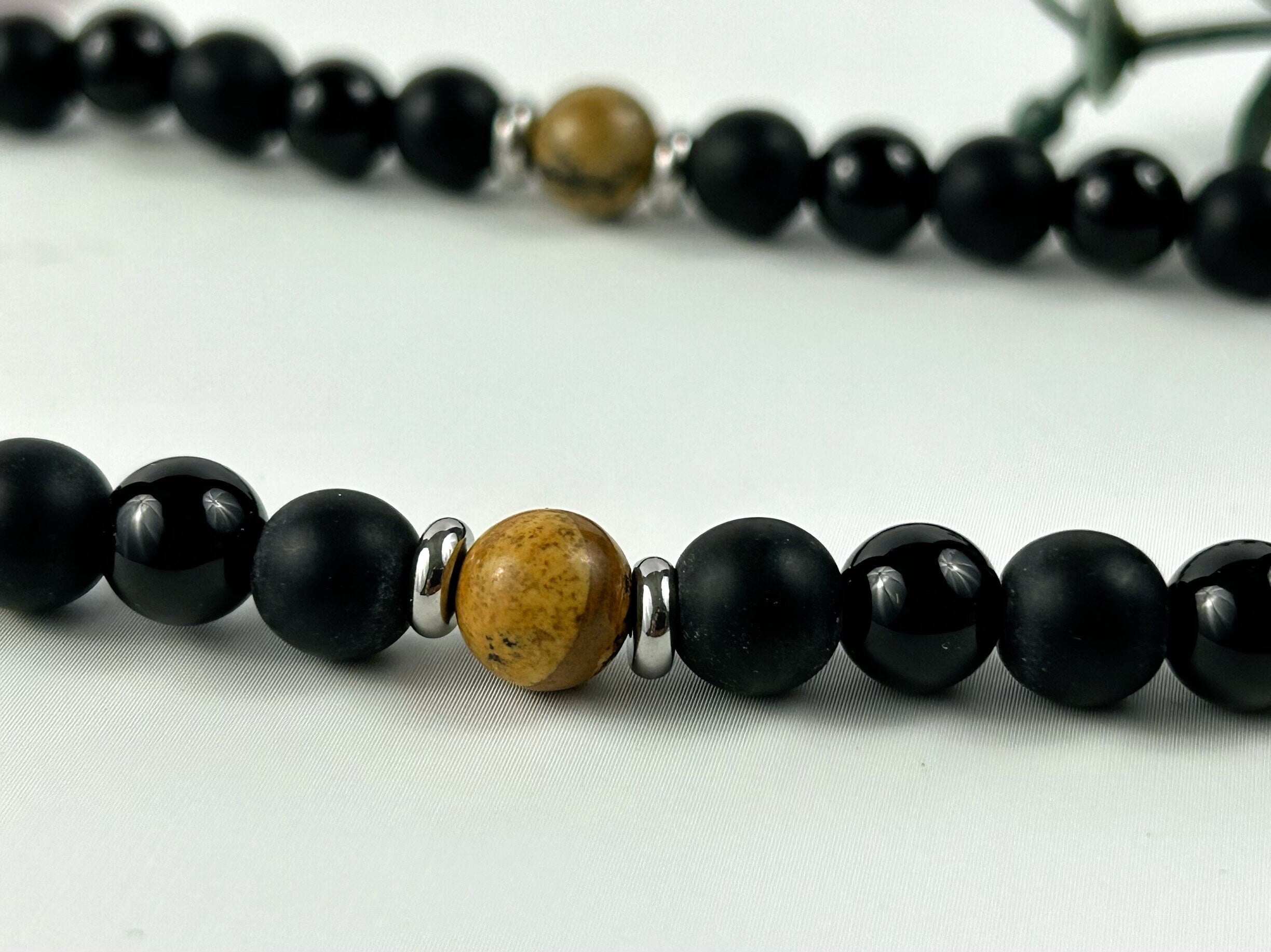 Black Beaded Necklace, Black Onyx Necklace, Picture Jasper Stone Necklace for Men, Boyfriend Gift, Protection Necklace, Gemstone Necklace