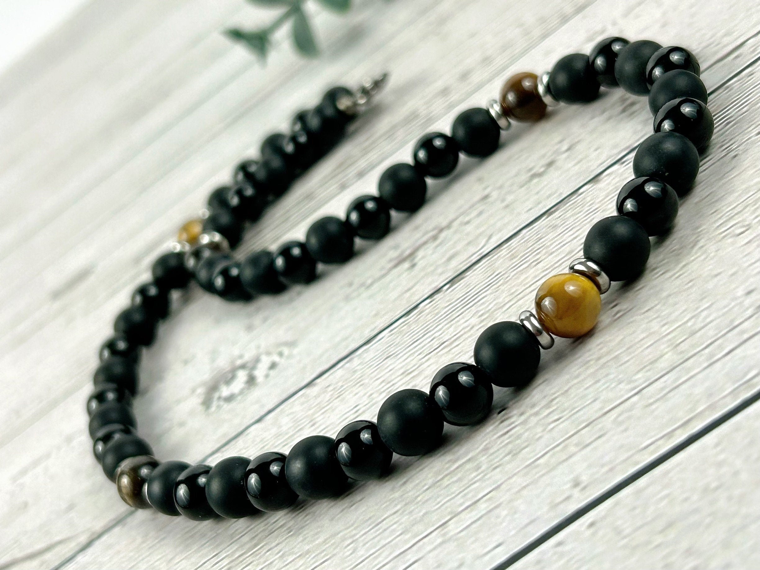 Tigers Eye Necklace, Black Beaded Necklace, Black Onyx Necklace, Necklace for Men, Boyfriend Gift, Protection Necklace, Gemstone Necklace