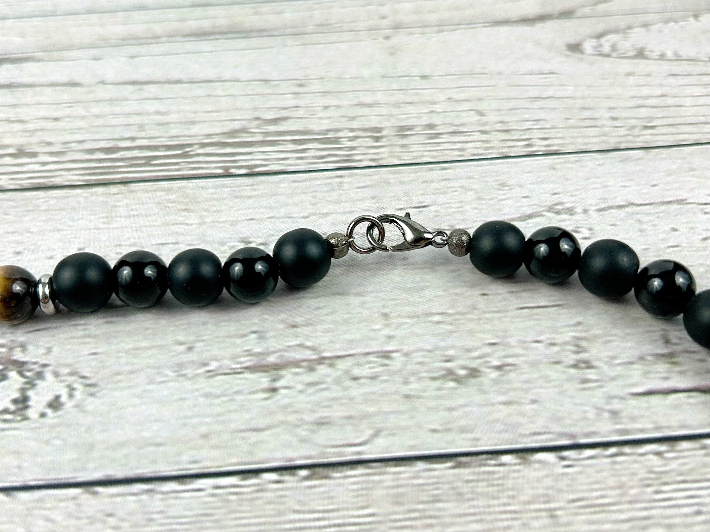 Tigers Eye Necklace, Black Beaded Necklace, Black Onyx Necklace, Necklace for Men, Boyfriend Gift, Protection Necklace, Gemstone Necklace