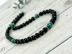 Black Beaded Necklace, Black Onyx Necklace, Malachite Necklace, Gemstone Necklace for Men, Boyfriend Gift, Protection Necklace, Gift for Her