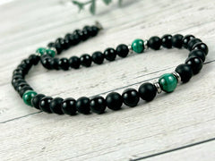 Black Beaded Necklace, Black Onyx Necklace, Malachite Necklace, Gemstone Necklace for Men, Boyfriend Gift, Protection Necklace, Gift for Her