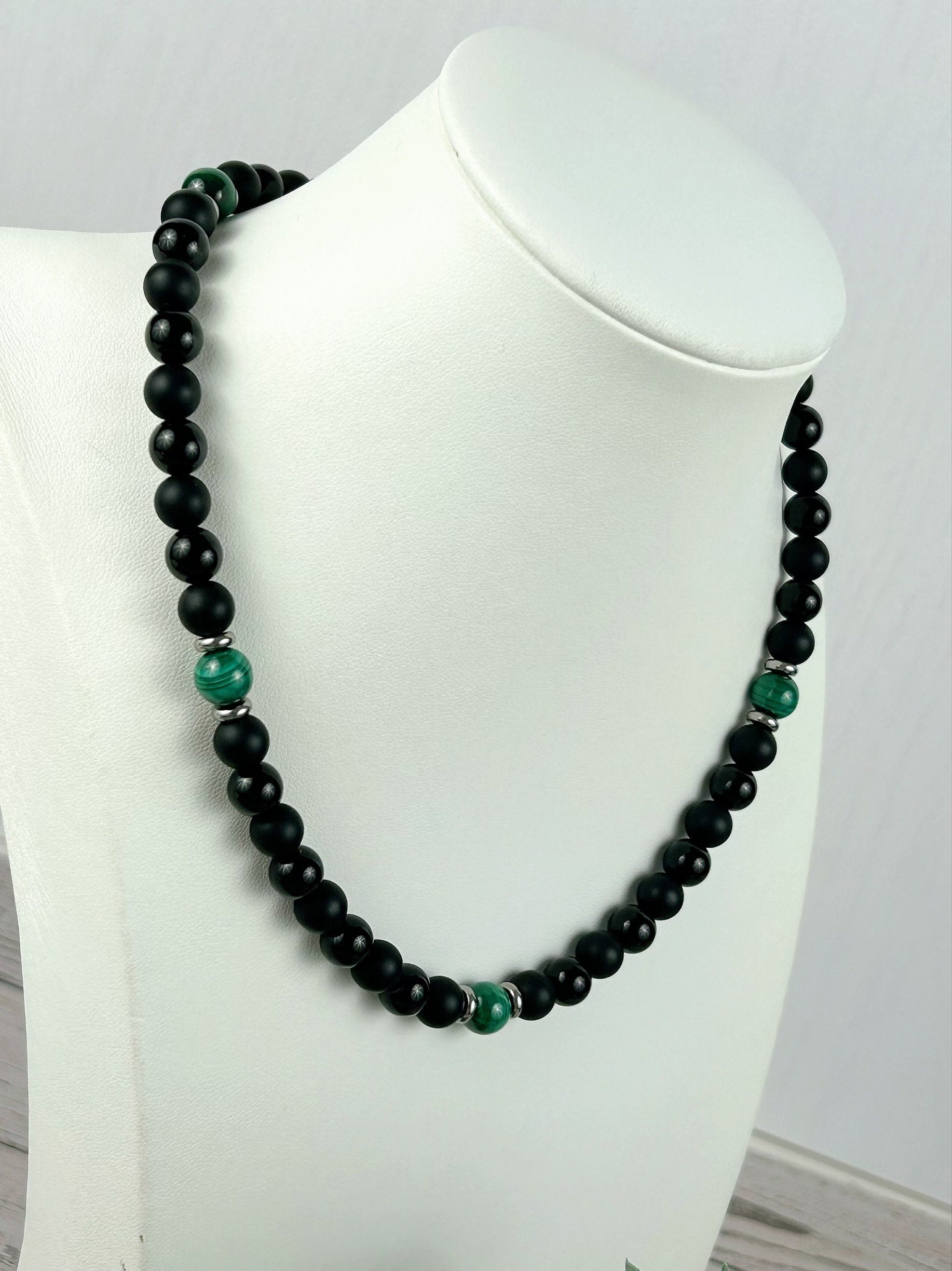 Black Beaded Necklace, Black Onyx Necklace, Malachite Necklace, Gemstone Necklace for Men, Boyfriend Gift, Protection Necklace, Gift for Her
