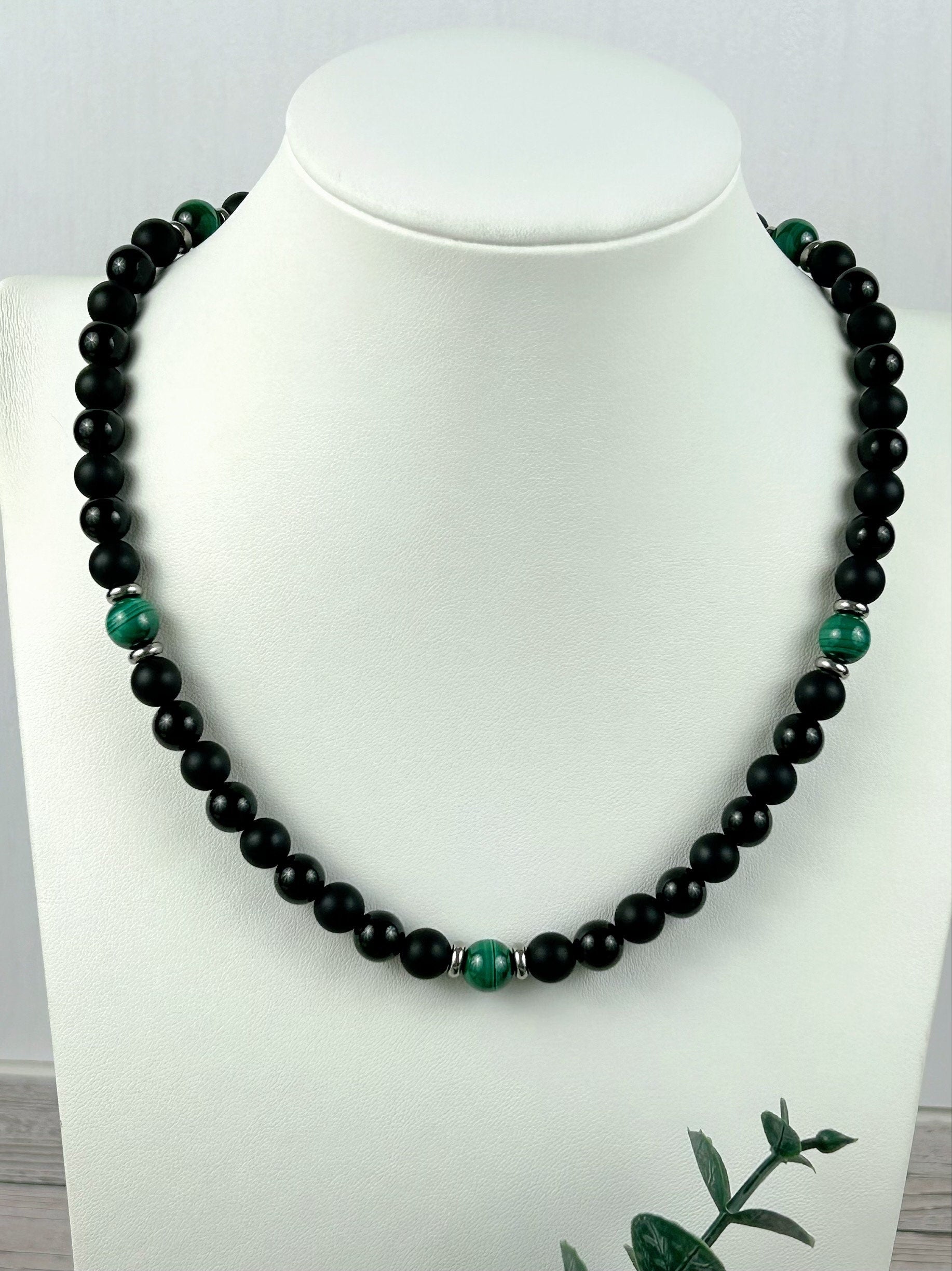 Black Beaded Necklace, Black Onyx Necklace, Malachite Necklace, Gemstone Necklace for Men, Boyfriend Gift, Protection Necklace, Gift for Her