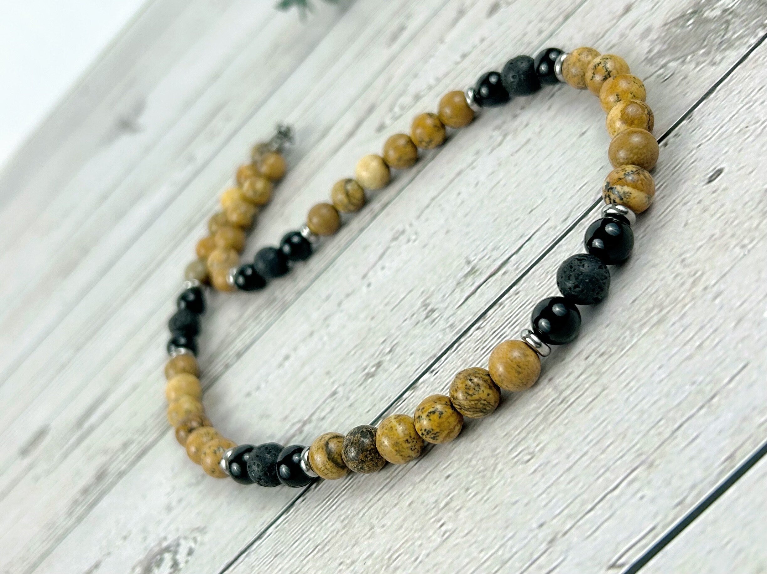 Picture Jasper Necklace, Black Onyx Necklace, Black Lava Beads, Gemstone Necklace for Men, Boyfriend Gift, Protection Necklace, Gift for Her