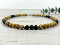 Picture Jasper Necklace, Black Onyx Necklace, Black Lava Beads, Gemstone Necklace for Men, Boyfriend Gift, Protection Necklace, Gift for Her