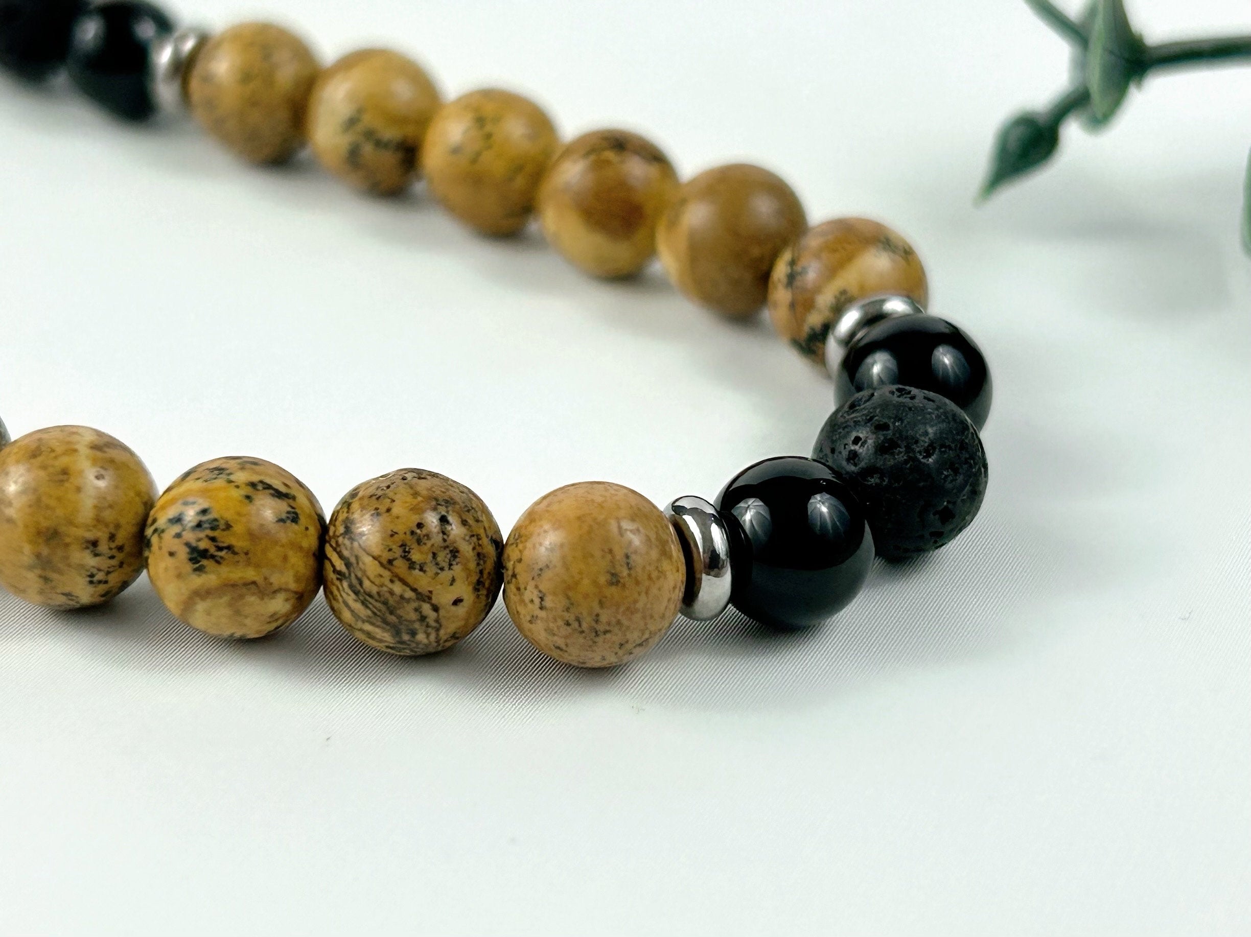 Picture Jasper Necklace, Black Onyx Necklace, Black Lava Beads, Gemstone Necklace for Men, Boyfriend Gift, Protection Necklace, Gift for Her