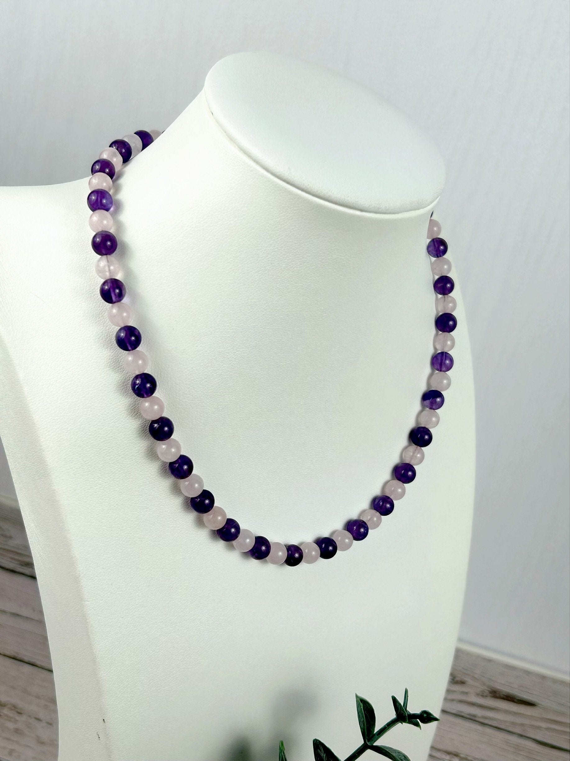 Amethyst Necklace, Rose Quartz Necklace, Calming Necklace, Spiritual Necklace, Beaded Necklace, Protection Necklace for Men, Gift for Her