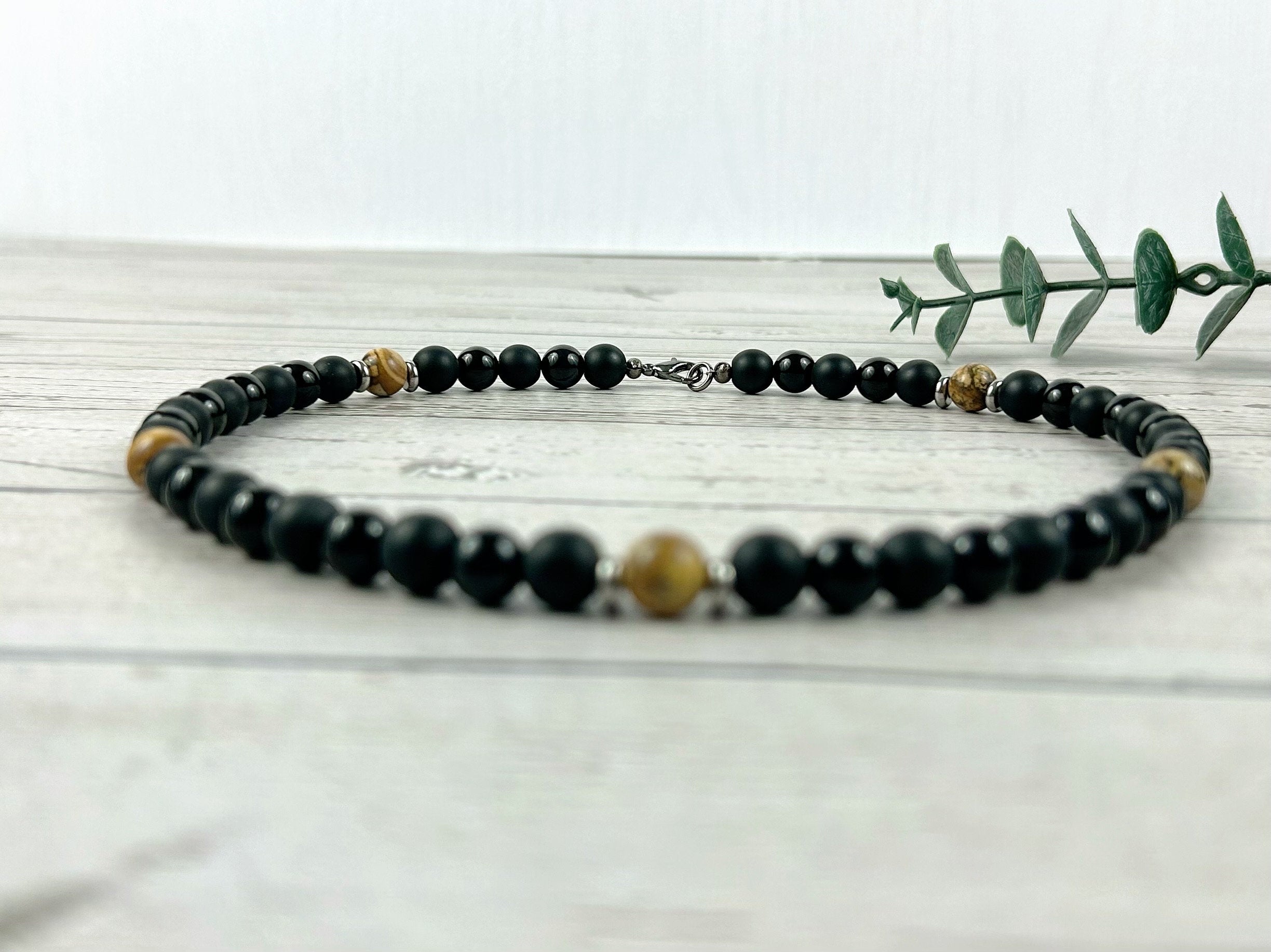 Black Beaded Necklace, Black Onyx Necklace, Picture Jasper Stone Necklace for Men, Boyfriend Gift, Protection Necklace, Gemstone Necklace