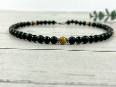 Tigers Eye Necklace, Black Beaded Necklace, Black Onyx Necklace, Necklace for Men, Boyfriend Gift, Protection Necklace, Gemstone Necklace