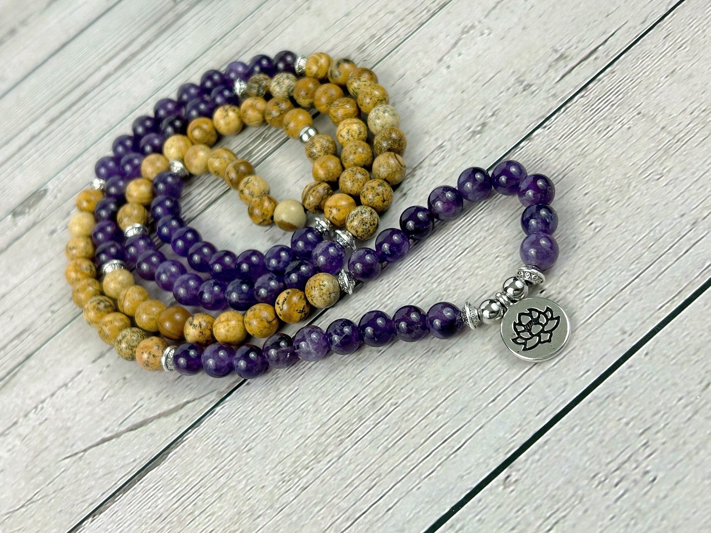 108 Mala Beads Necklace, Picture Jasper Necklace, Japa Mala, Prayer Beads, 108 Mala Beads Bracelet, Amethyst Mala, Meditation Necklace