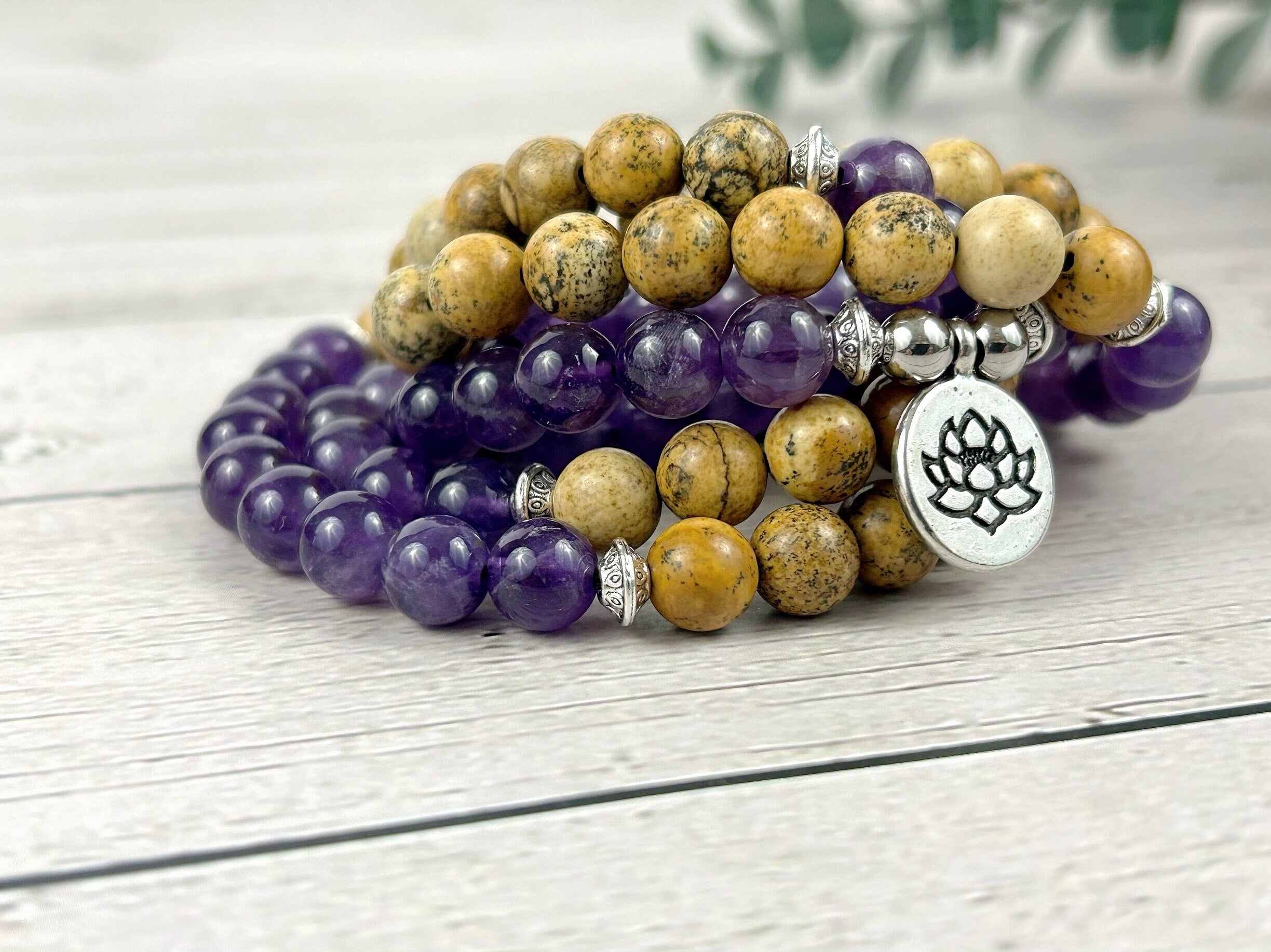 108 Mala Beads Necklace, Picture Jasper Necklace, Japa Mala, Prayer Beads, 108 Mala Beads Bracelet, Amethyst Mala, Meditation Necklace