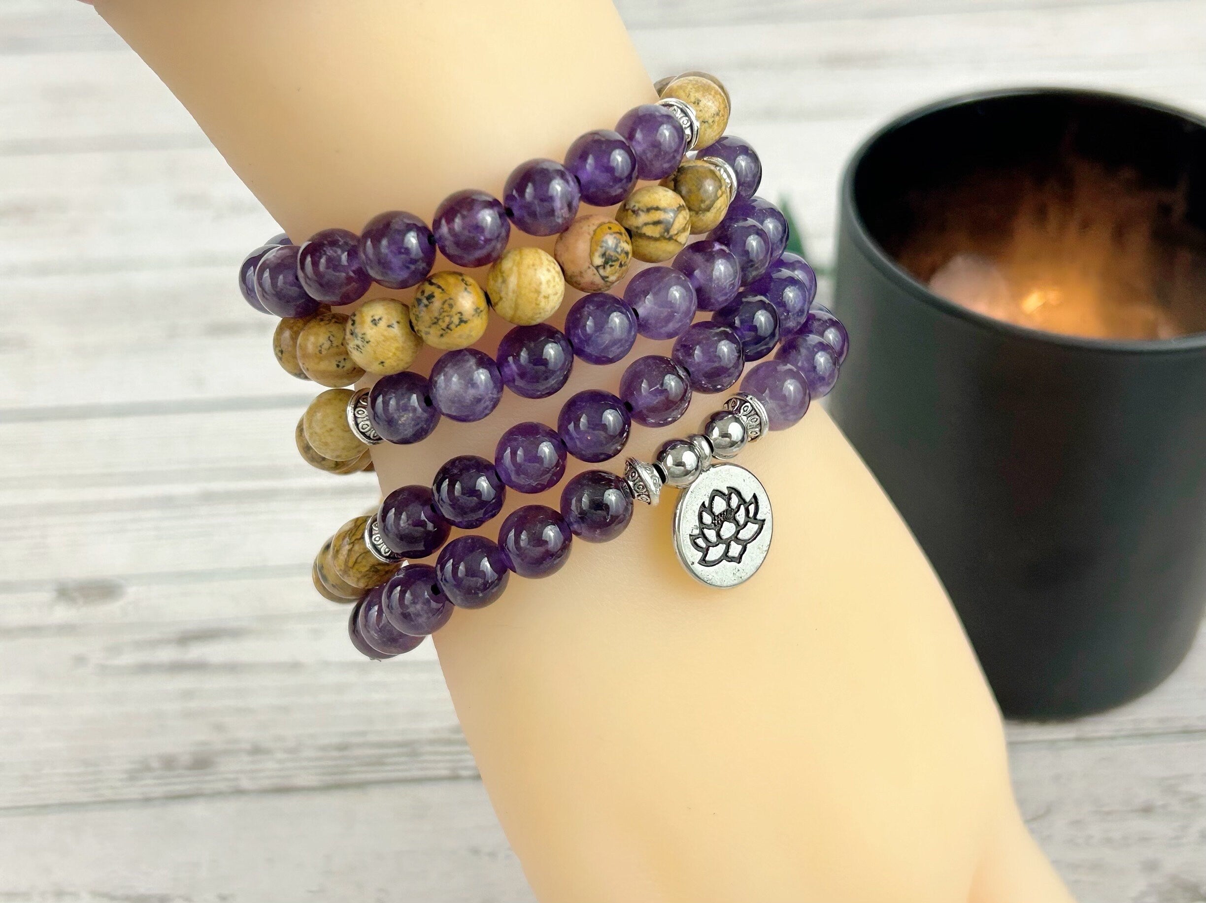 108 Mala Beads Necklace, Picture Jasper Necklace, Japa Mala, Prayer Beads, 108 Mala Beads Bracelet, Amethyst Mala, Meditation Necklace